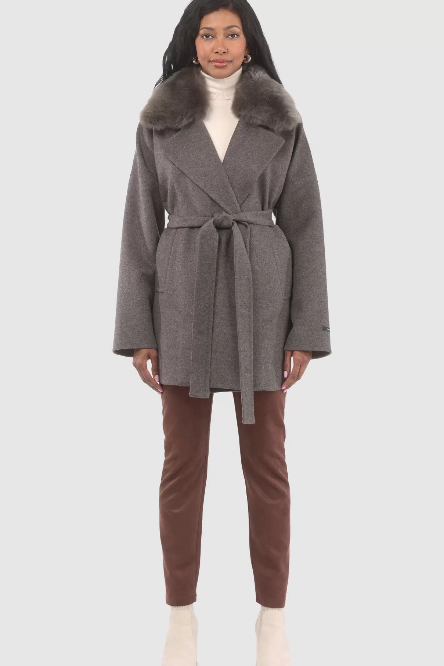 Women GORSKI Montreal Double Face Loro Piana Cashmere & Wool Belted Jacket With Detachable Merinillo Shearling Lamb Trim
