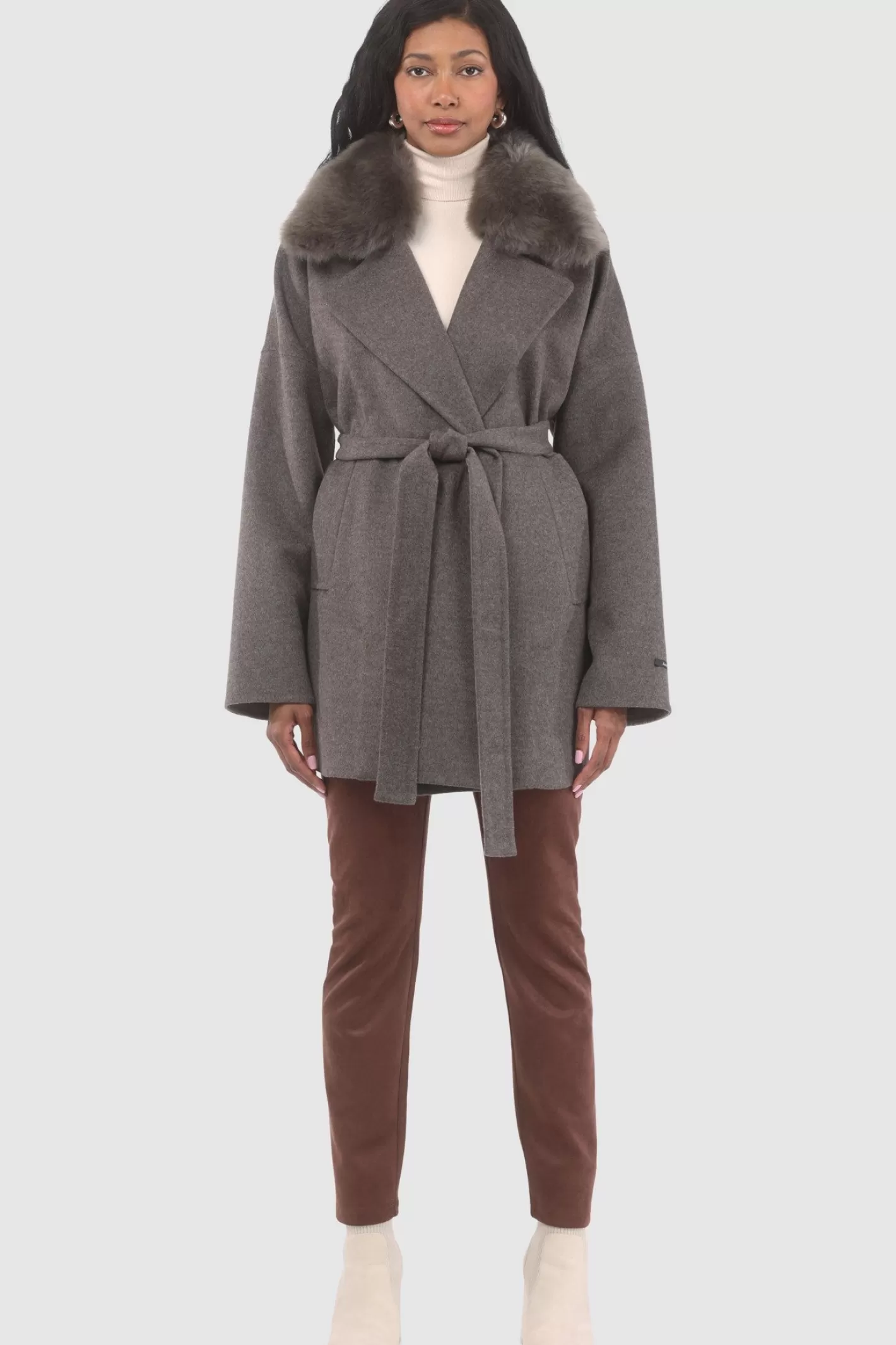 Women GORSKI Montreal Double Face Loro Piana Cashmere & Wool Belted Jacket With Detachable Merinillo Shearling Lamb Trim