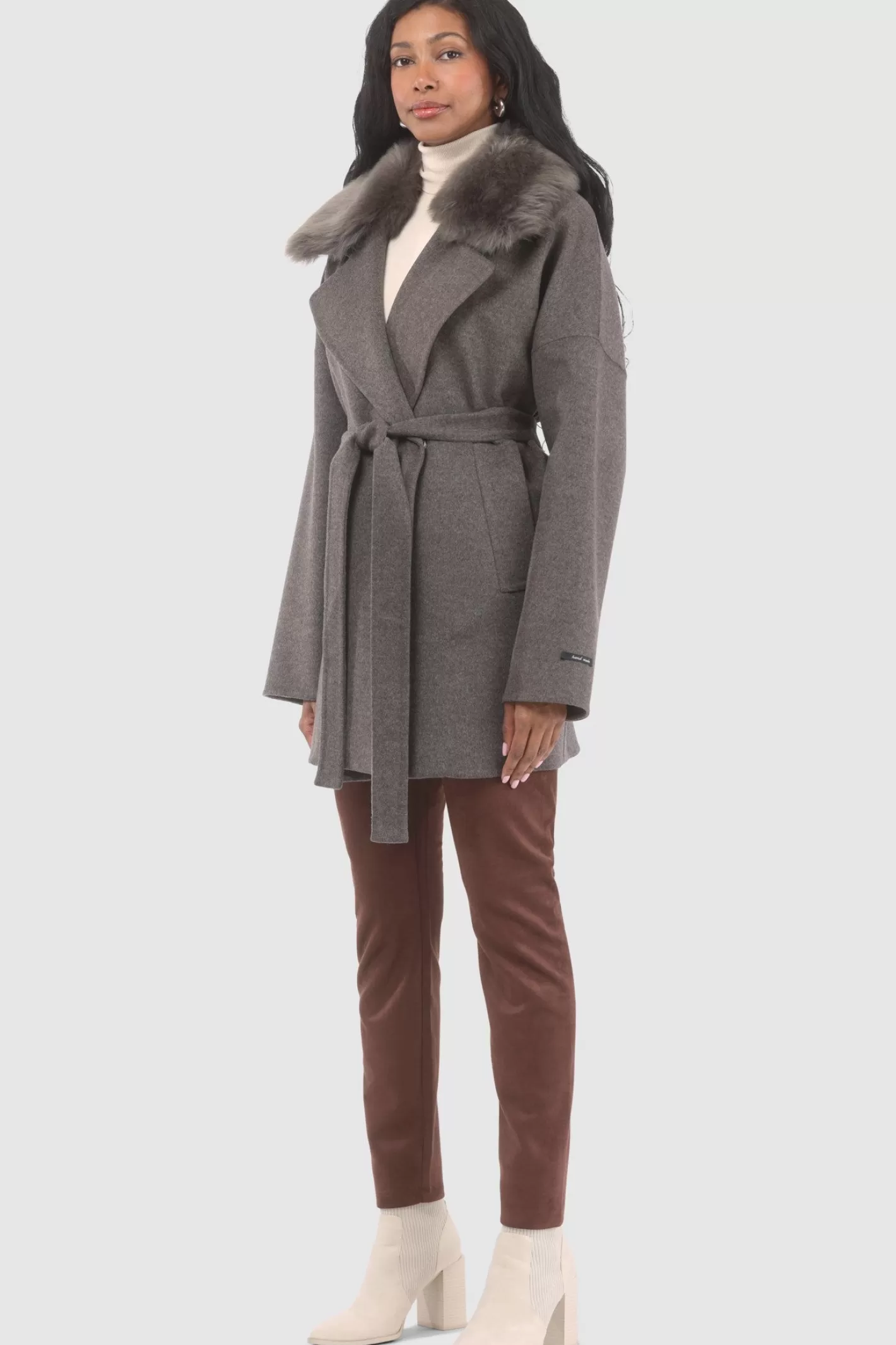 Women GORSKI Montreal Double Face Loro Piana Cashmere & Wool Belted Jacket With Detachable Merinillo Shearling Lamb Trim