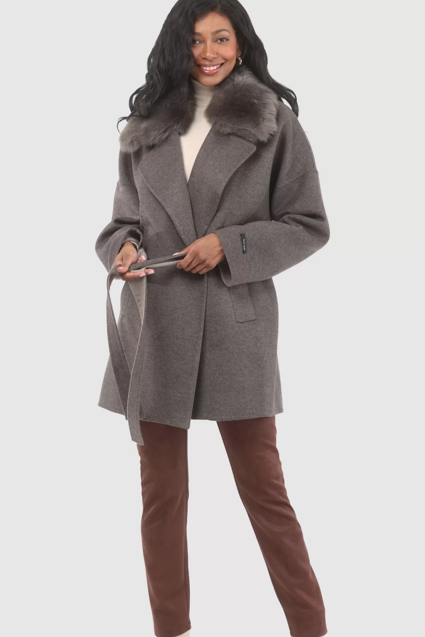 Women GORSKI Montreal Double Face Loro Piana Cashmere & Wool Belted Jacket With Detachable Merinillo Shearling Lamb Trim
