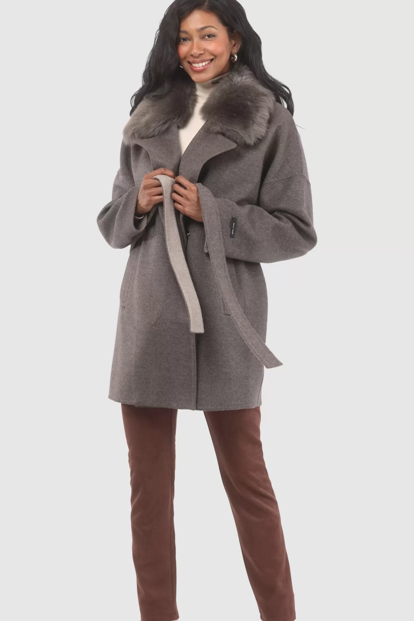 Women GORSKI Montreal Double Face Loro Piana Cashmere & Wool Belted Jacket With Detachable Merinillo Shearling Lamb Trim