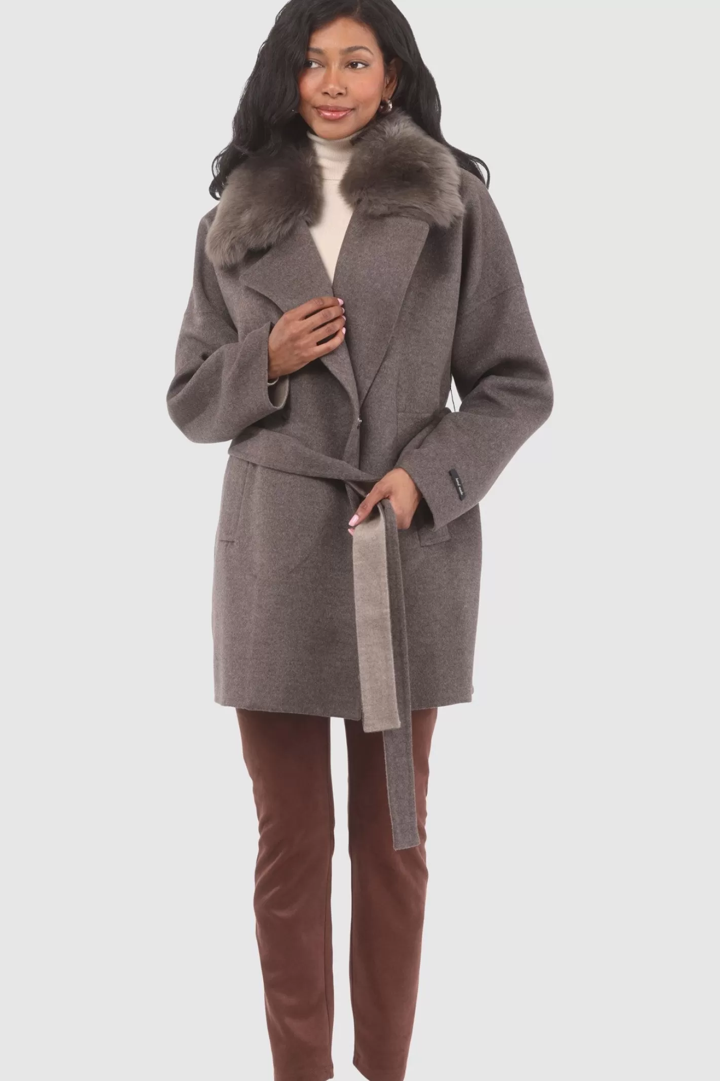 Women GORSKI Montreal Double Face Loro Piana Cashmere & Wool Belted Jacket With Detachable Merinillo Shearling Lamb Trim
