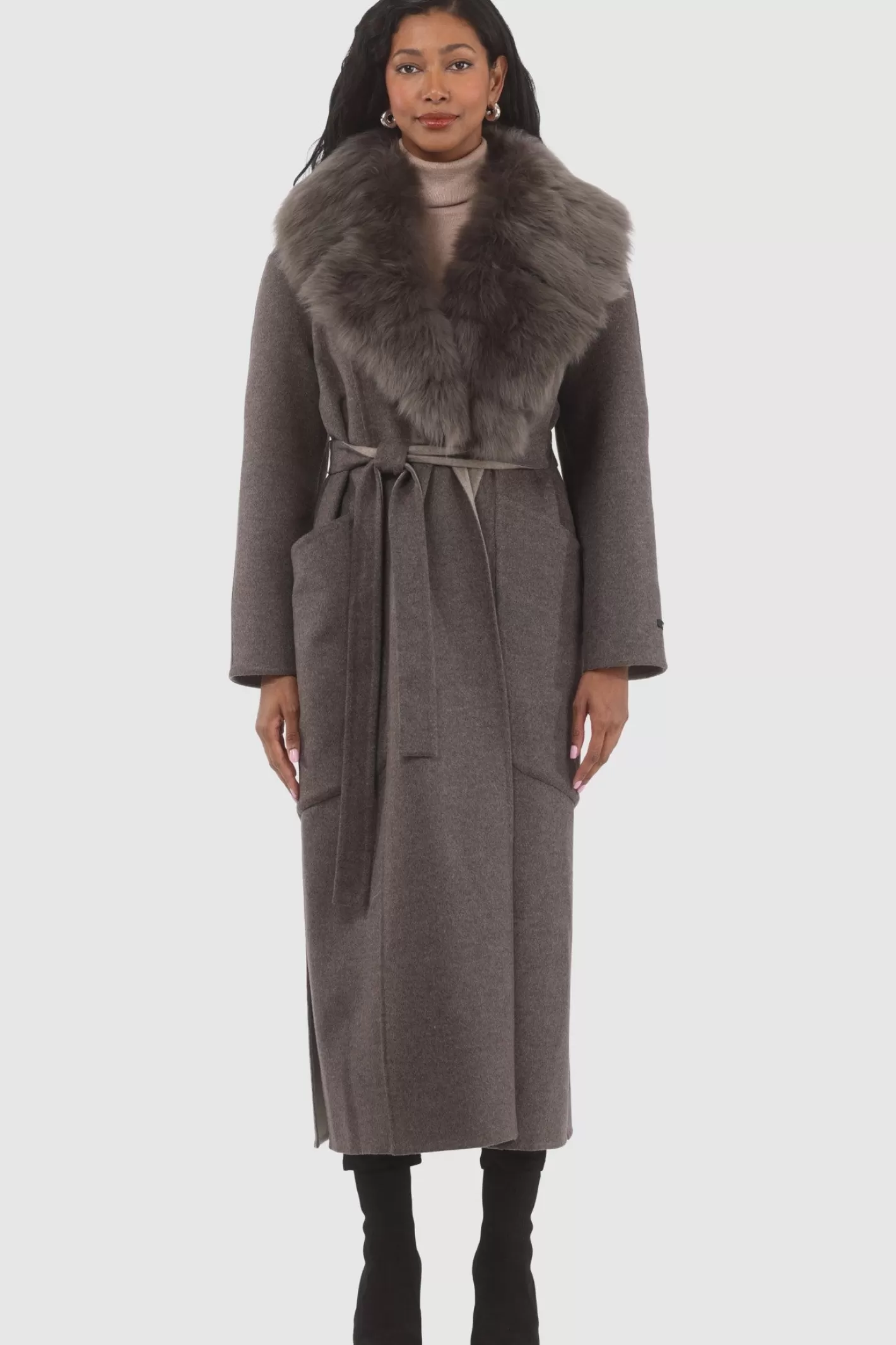 Women GORSKI Montreal Double Face Loro Piana Cashmere & Wool Coat With Detachable Merinillo Shearling Lamb Collar, Belt