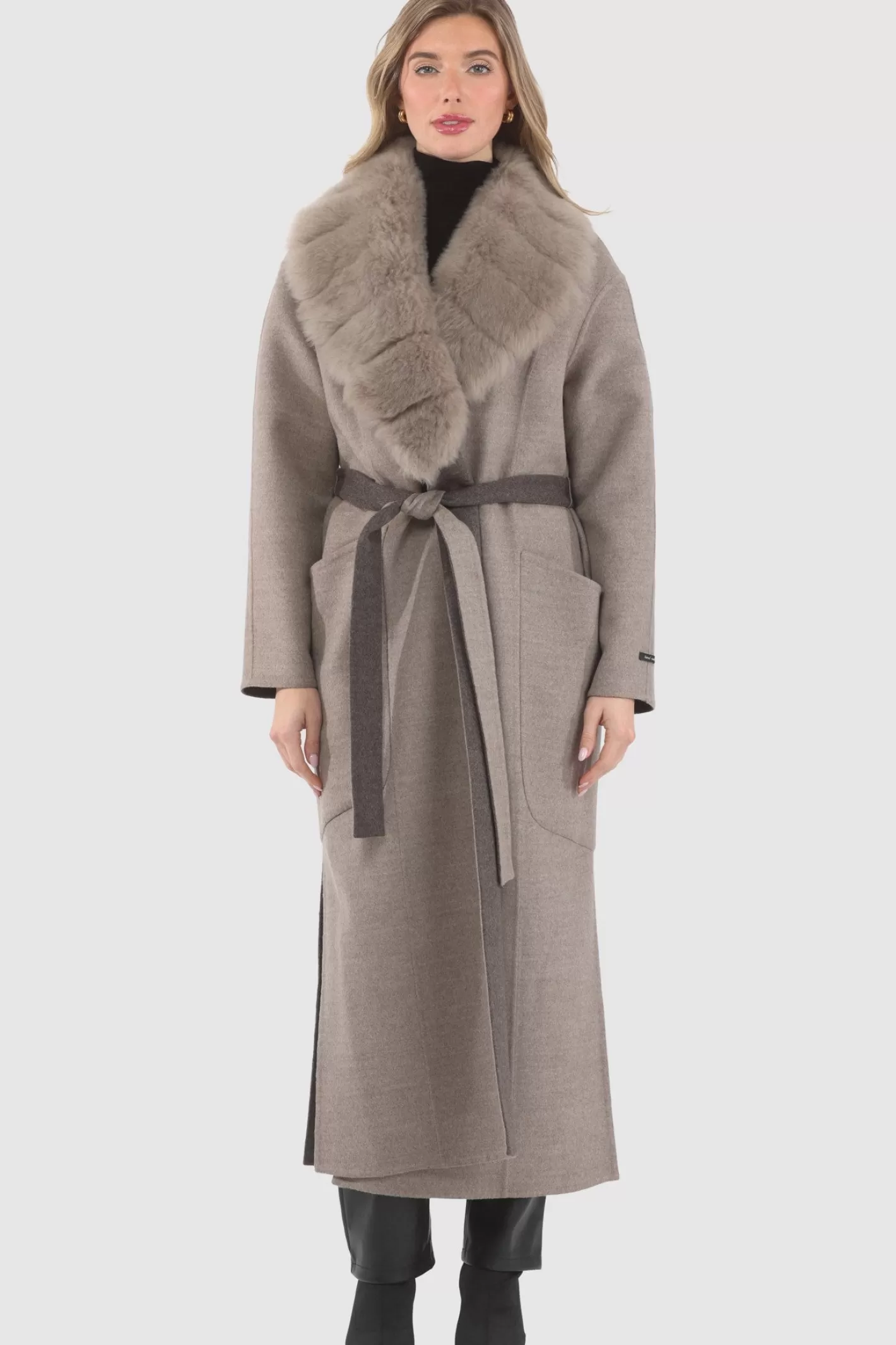 Women GORSKI Montreal Double Face Loro Piana Cashmere & Wool Coat With Detachable Merinillo Shearling Lamb Collar, Belt