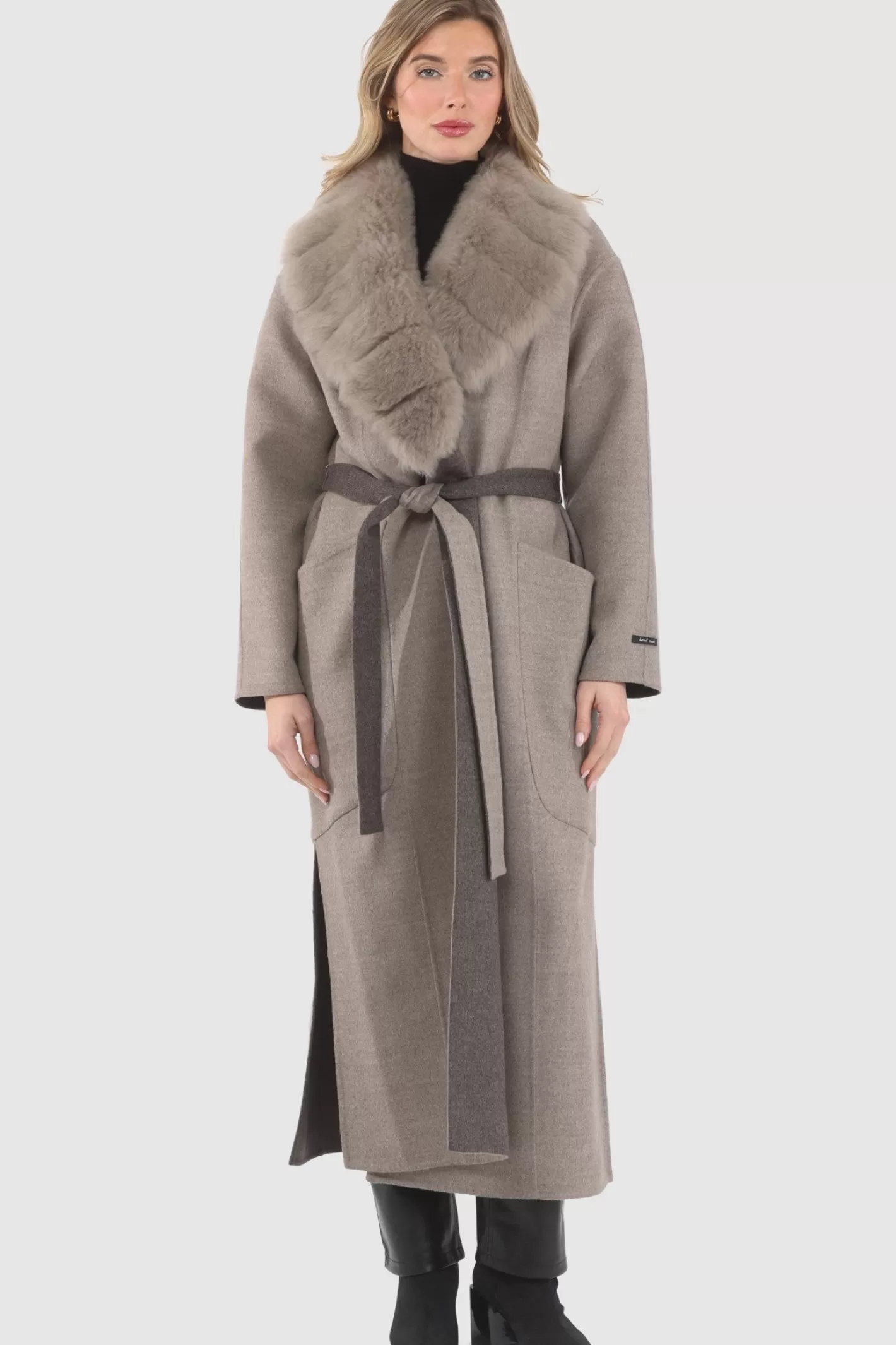 Women GORSKI Montreal Double Face Loro Piana Cashmere & Wool Coat With Detachable Merinillo Shearling Lamb Collar, Belt