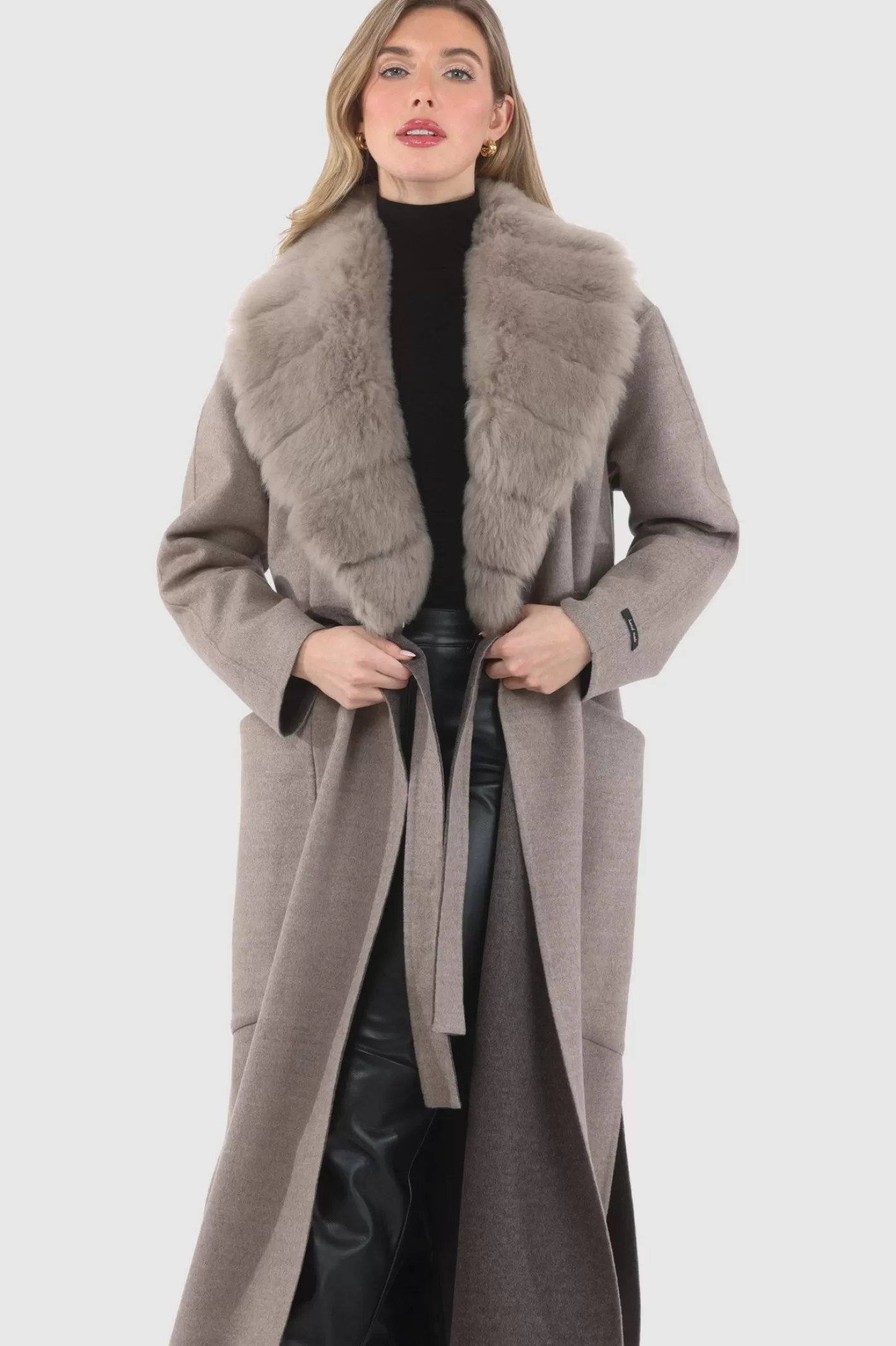 Women GORSKI Montreal Double Face Loro Piana Cashmere & Wool Coat With Detachable Merinillo Shearling Lamb Collar, Belt