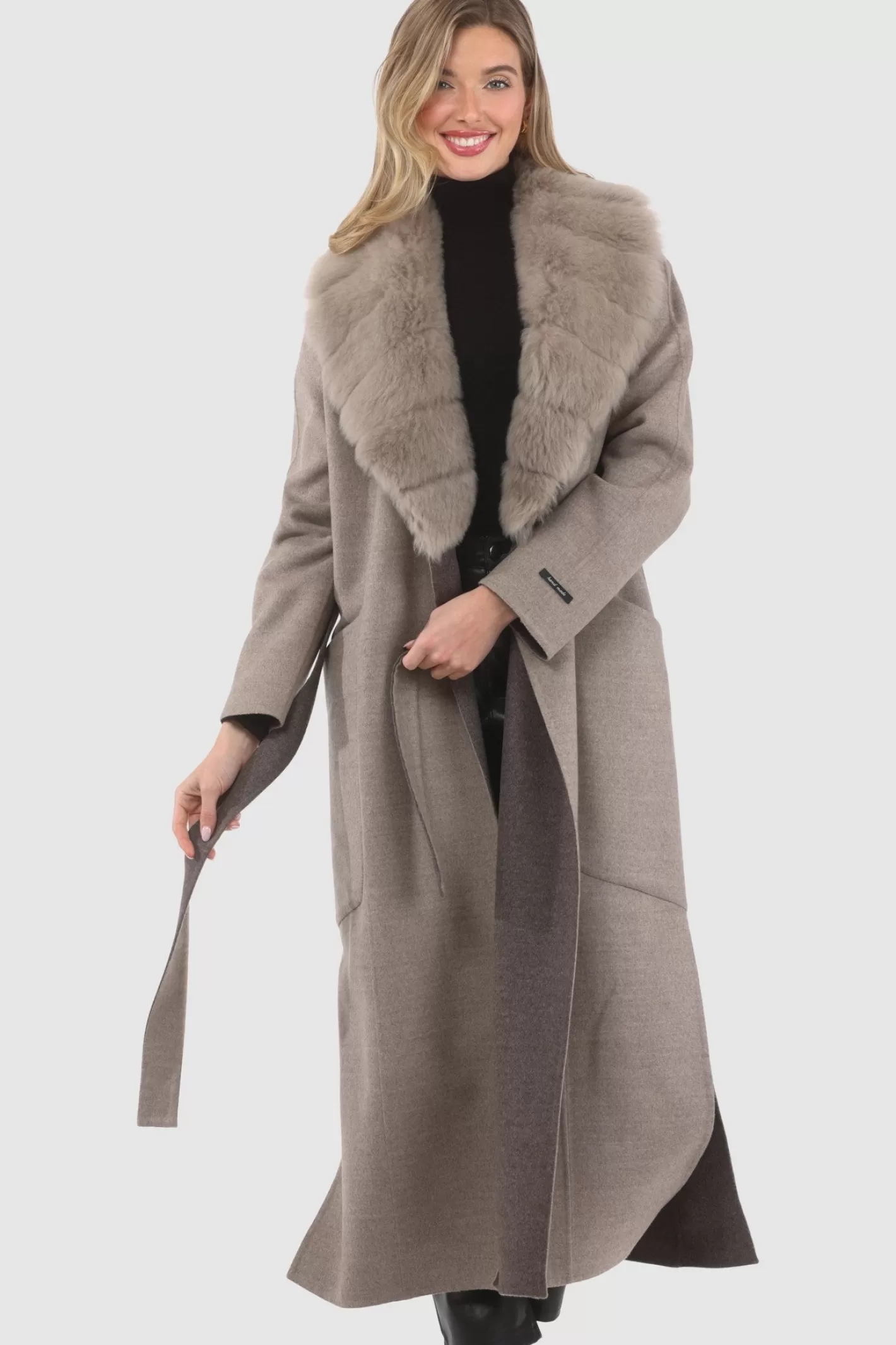 Women GORSKI Montreal Double Face Loro Piana Cashmere & Wool Coat With Detachable Merinillo Shearling Lamb Collar, Belt