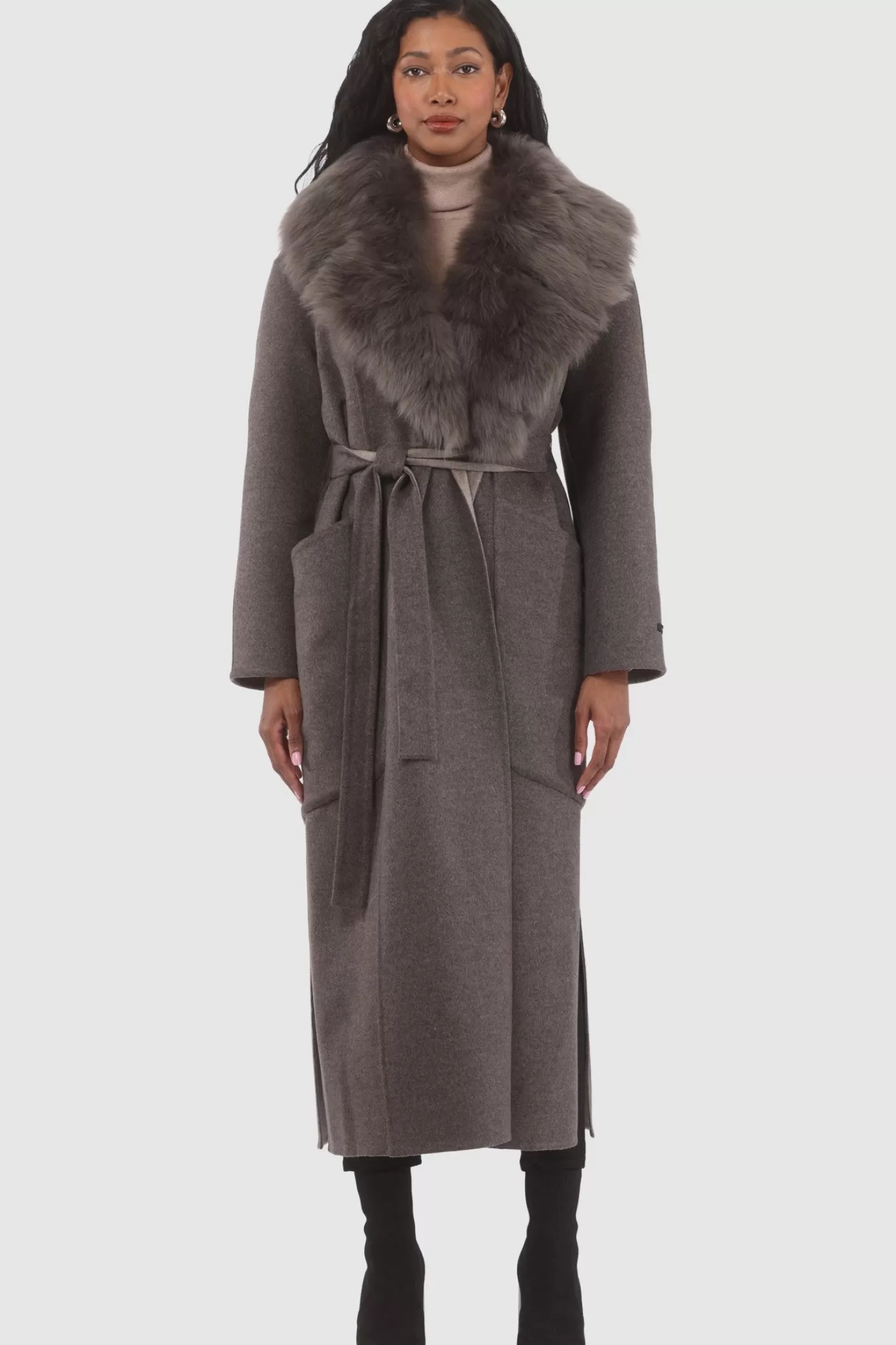 Women GORSKI Montreal Double Face Loro Piana Cashmere & Wool Coat With Detachable Merinillo Shearling Lamb Collar, Belt