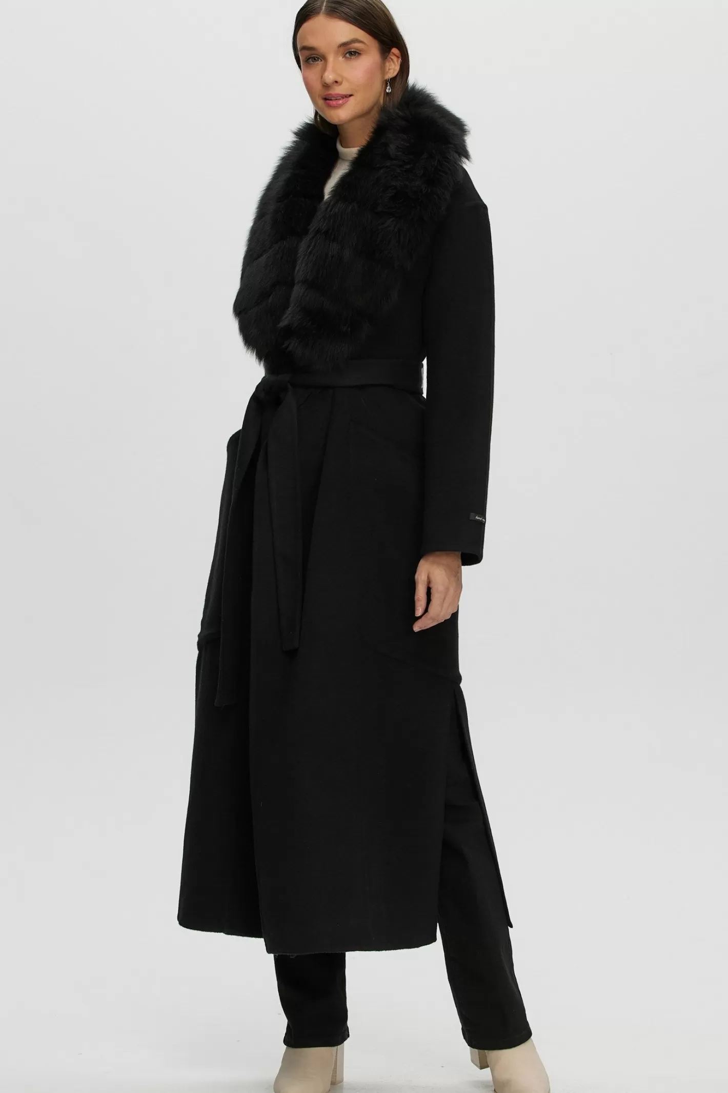Women GORSKI Montreal Double Face Loro Piana Cashmere & Wool Coat With Detachable Merinillo Shearling Lamb Collar, Belt