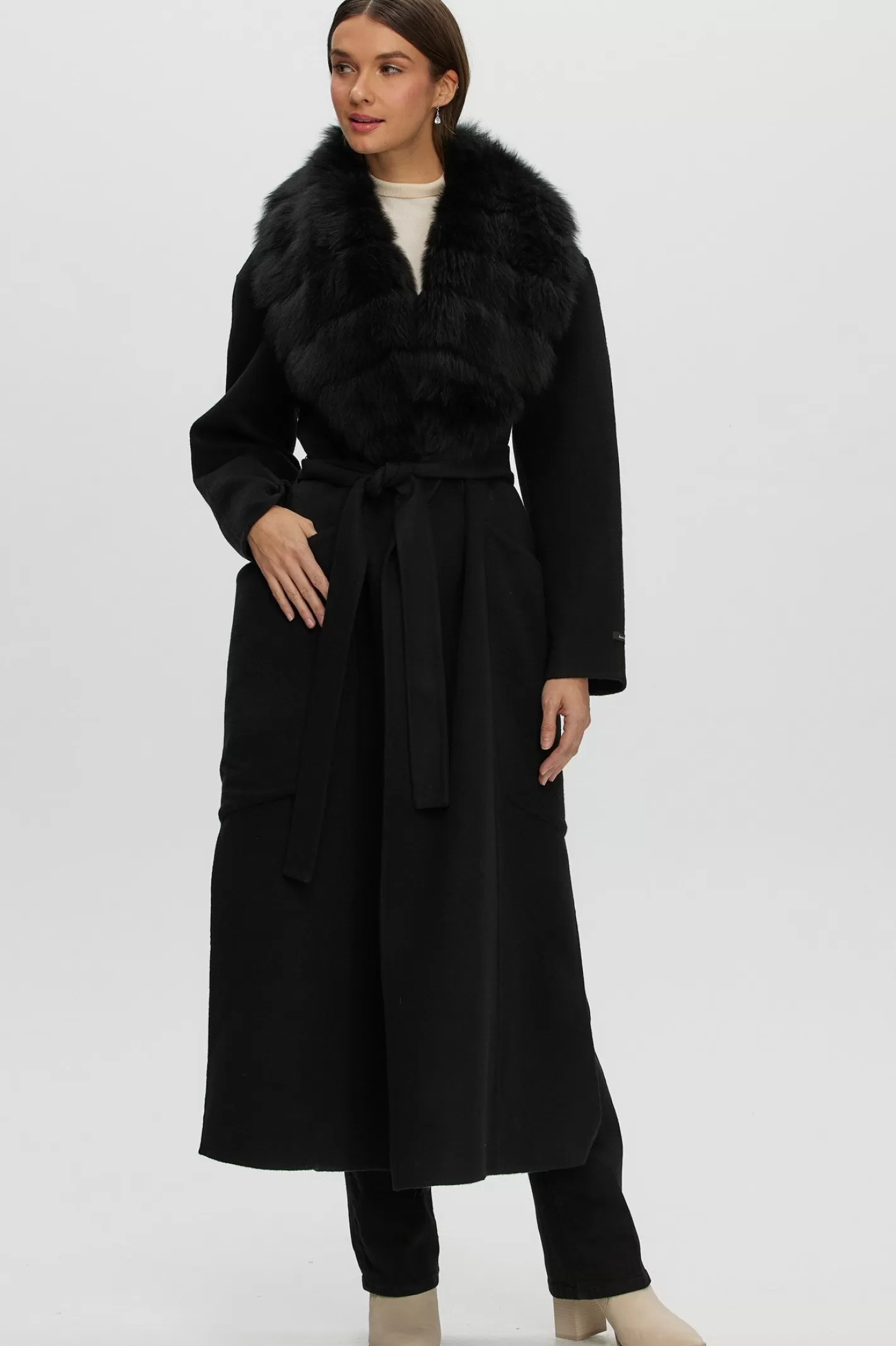 Women GORSKI Montreal Double Face Loro Piana Cashmere & Wool Coat With Detachable Merinillo Shearling Lamb Collar, Belt
