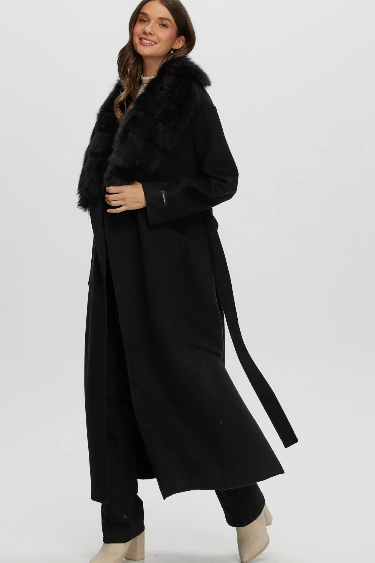 Women GORSKI Montreal Double Face Loro Piana Cashmere & Wool Coat With Detachable Merinillo Shearling Lamb Collar, Belt