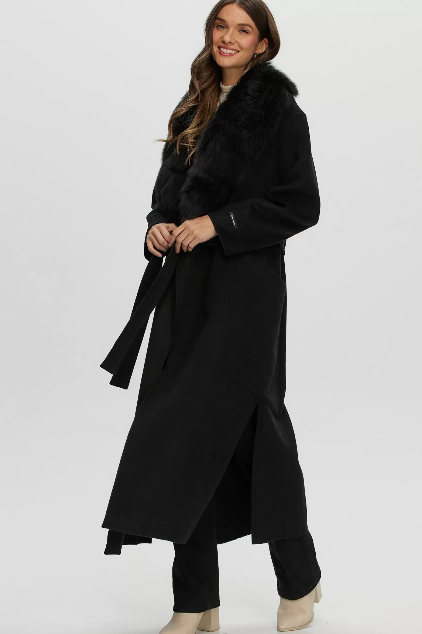 Women GORSKI Montreal Double Face Loro Piana Cashmere & Wool Coat With Detachable Merinillo Shearling Lamb Collar, Belt