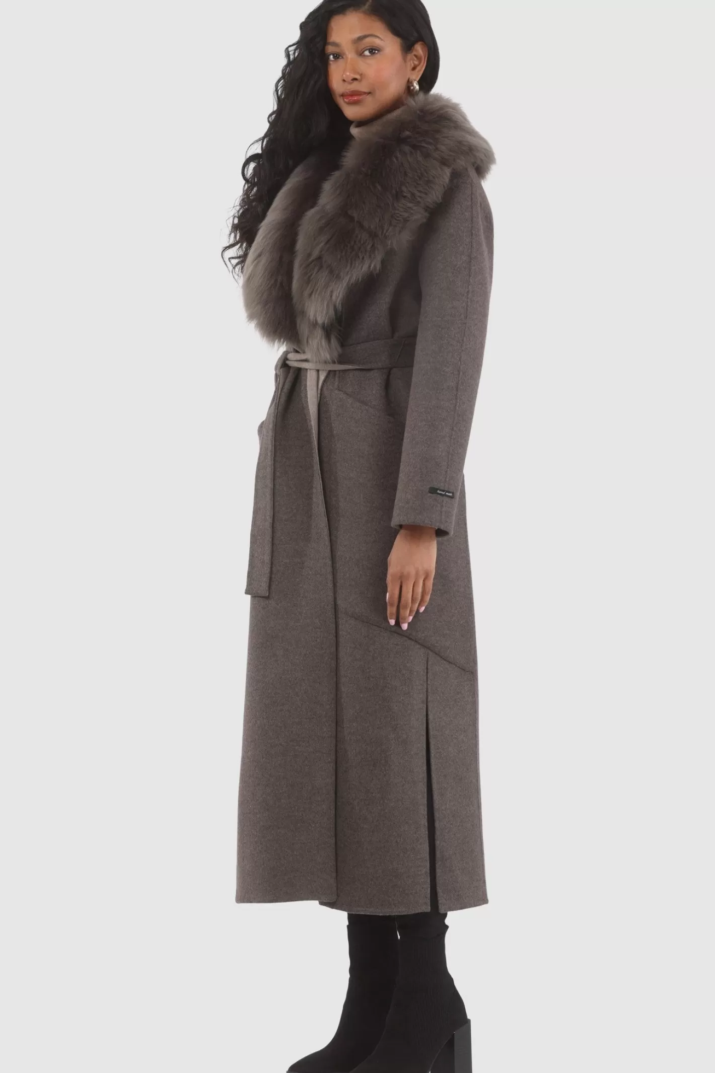 Women GORSKI Montreal Double Face Loro Piana Cashmere & Wool Coat With Detachable Merinillo Shearling Lamb Collar, Belt