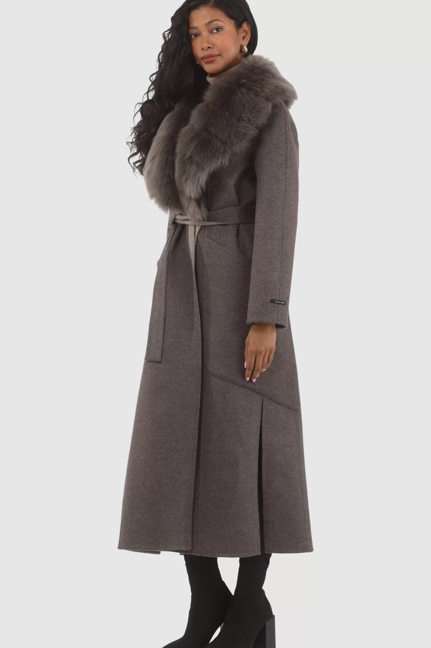 Women GORSKI Montreal Double Face Loro Piana Cashmere & Wool Coat With Detachable Merinillo Shearling Lamb Collar, Belt