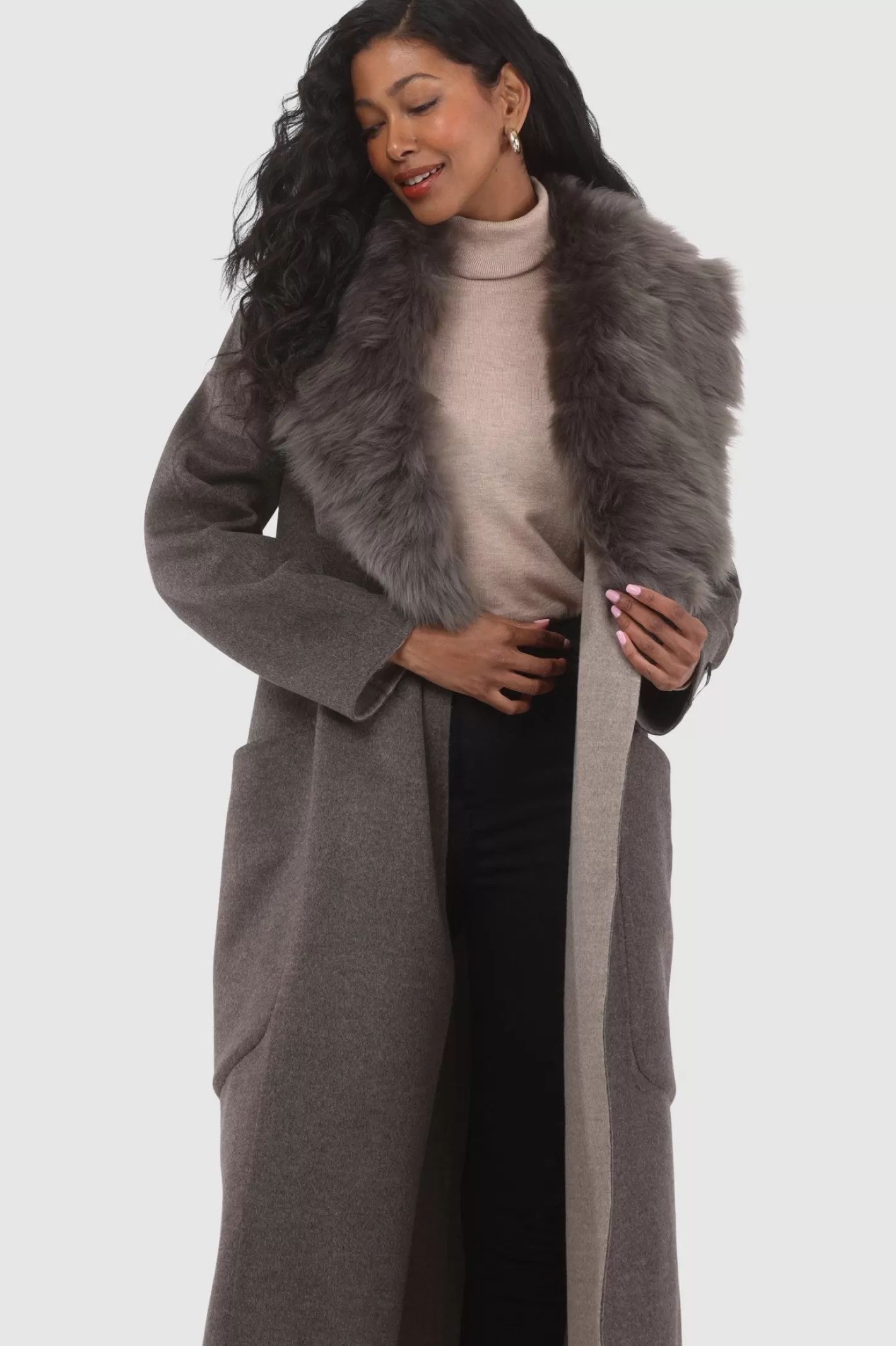 Women GORSKI Montreal Double Face Loro Piana Cashmere & Wool Coat With Detachable Merinillo Shearling Lamb Collar, Belt