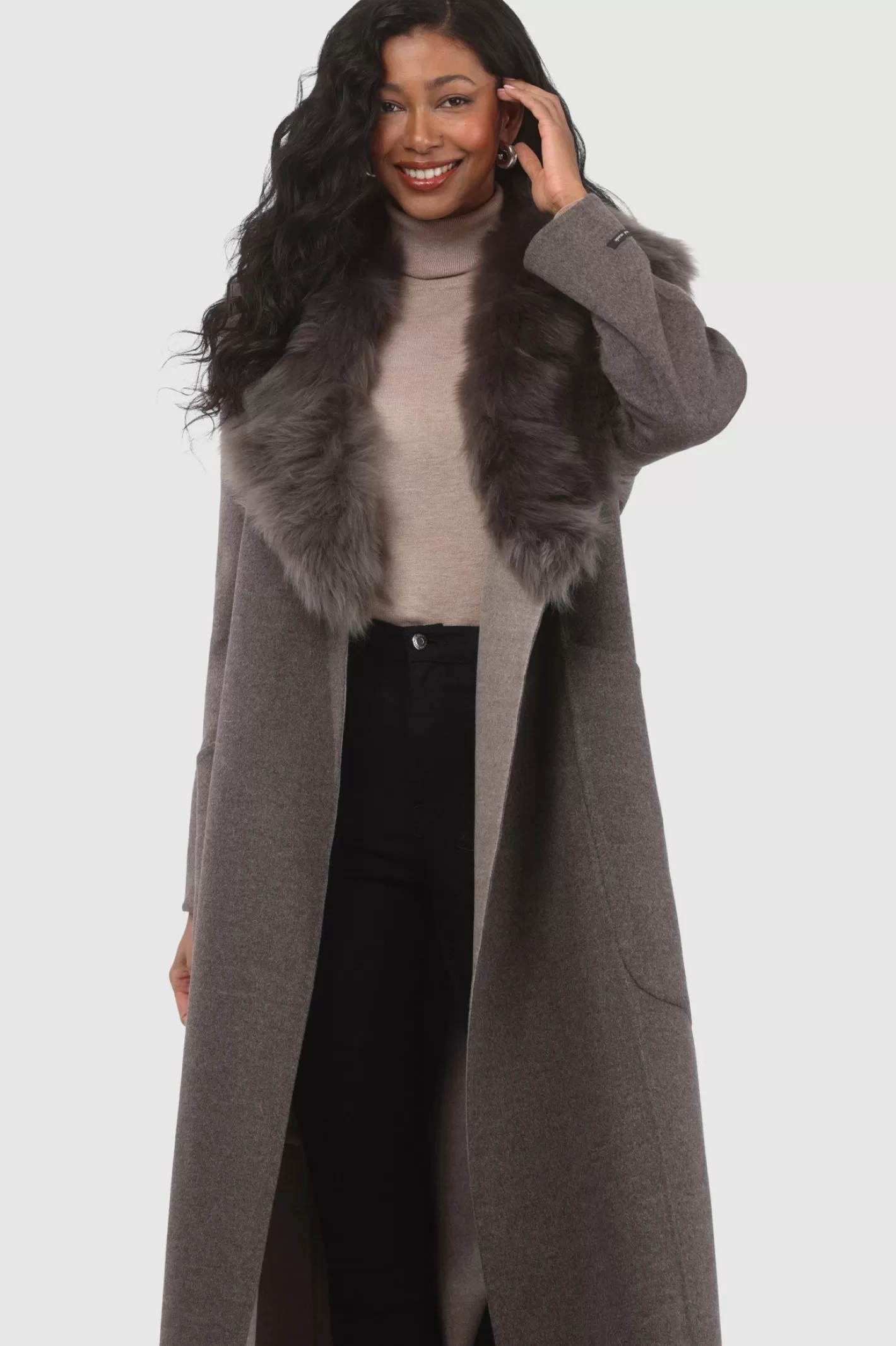 Women GORSKI Montreal Double Face Loro Piana Cashmere & Wool Coat With Detachable Merinillo Shearling Lamb Collar, Belt