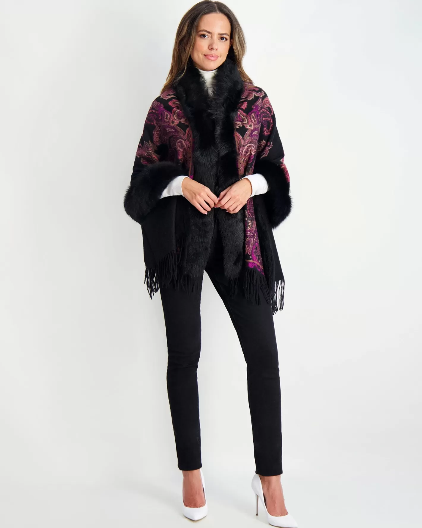 Women GORSKI Montreal Double Face Select Cashmere Stole With Toscana Shearling Lamb Trim