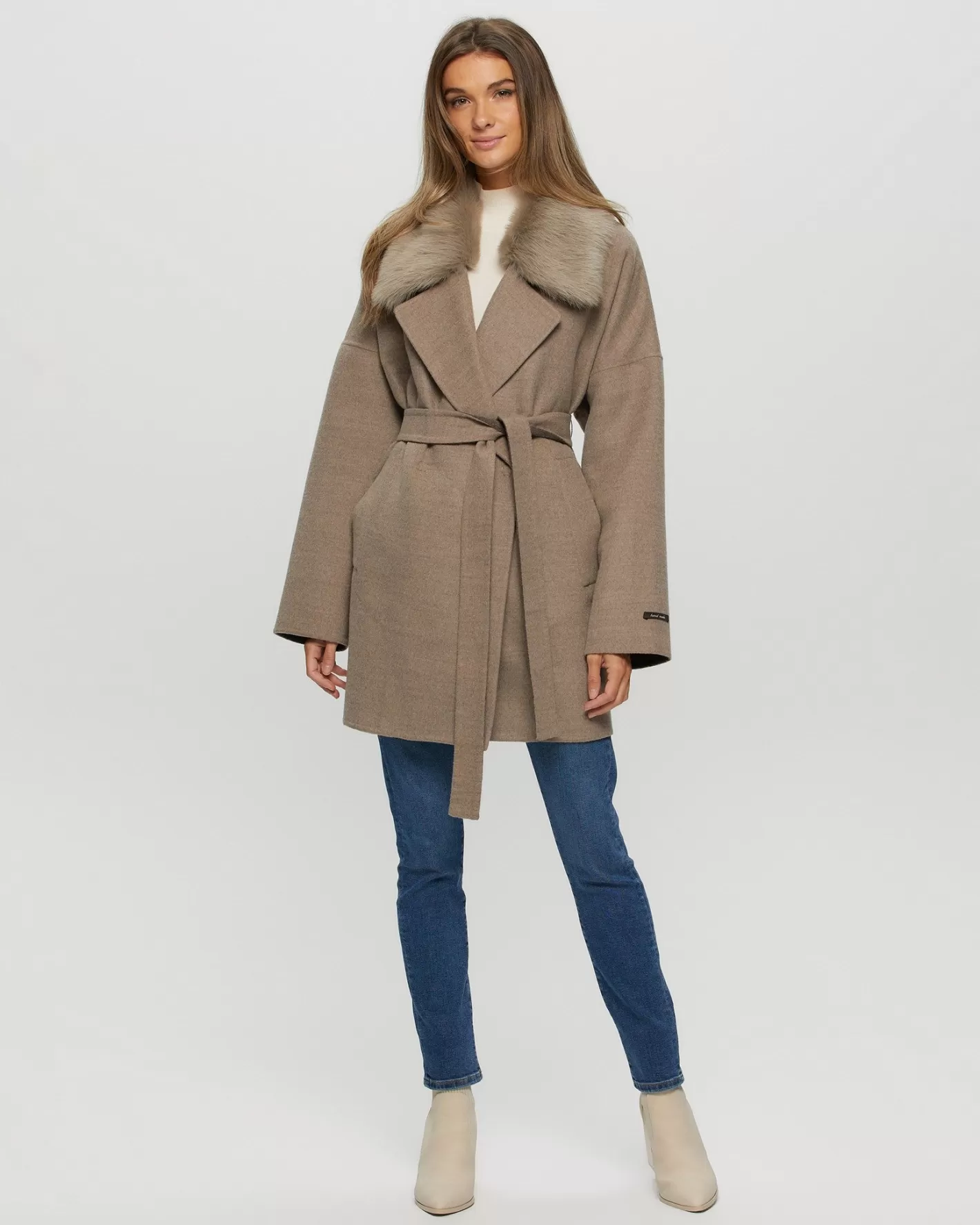 Women GORSKI Montreal Loro Piana Cashmere & Wool Belted Jacket With Detachable Toscana Shearling Lamb Trim