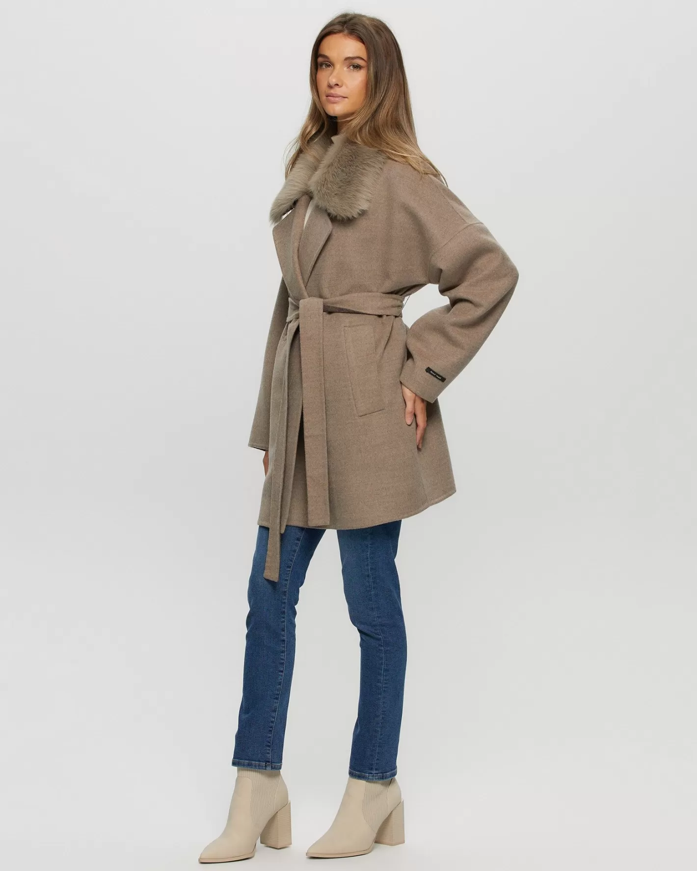 Women GORSKI Montreal Loro Piana Cashmere & Wool Belted Jacket With Detachable Toscana Shearling Lamb Trim