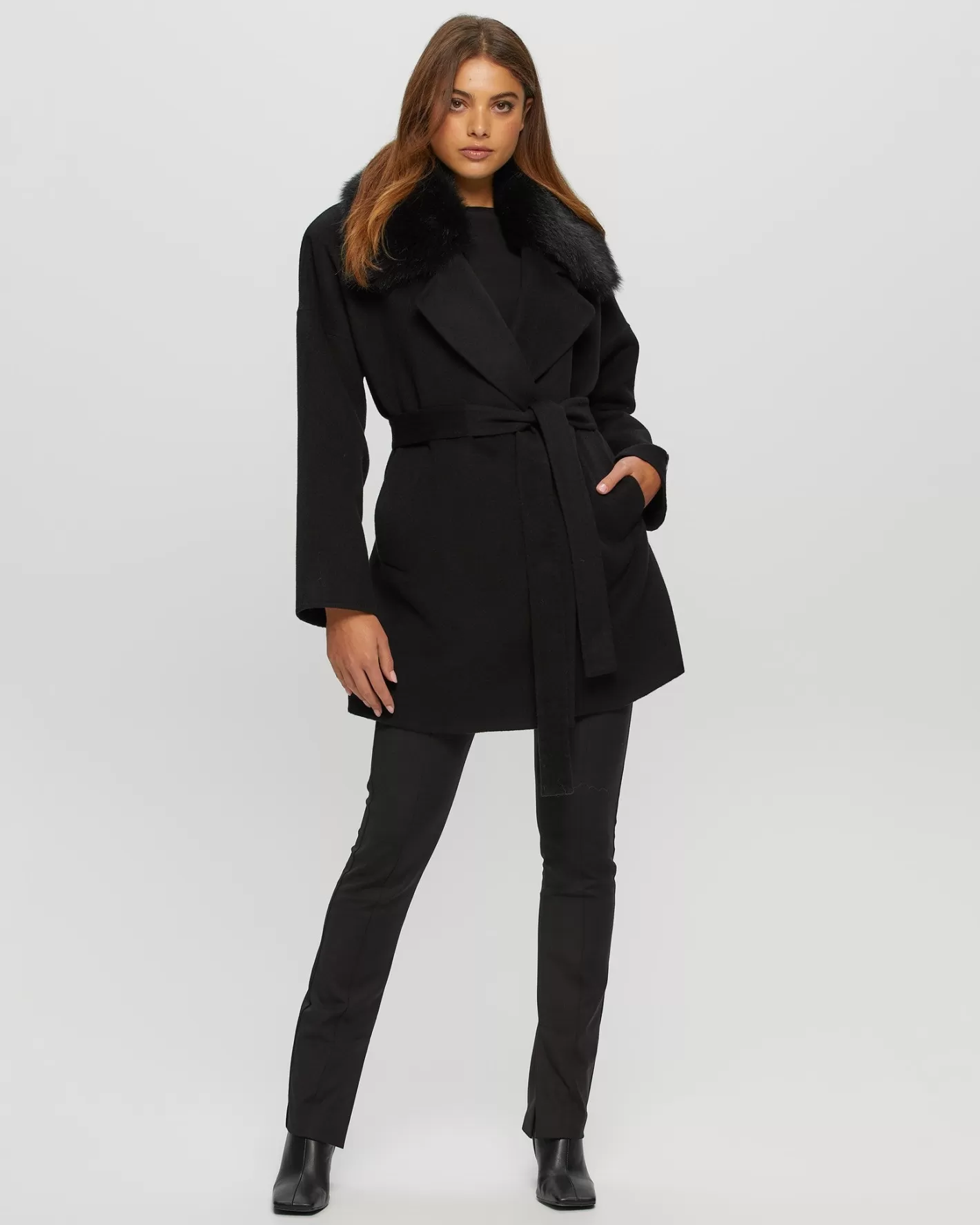 Women GORSKI Montreal Loro Piana Cashmere & Wool Belted Jacket With Detachable Toscana Shearling Lamb Trim