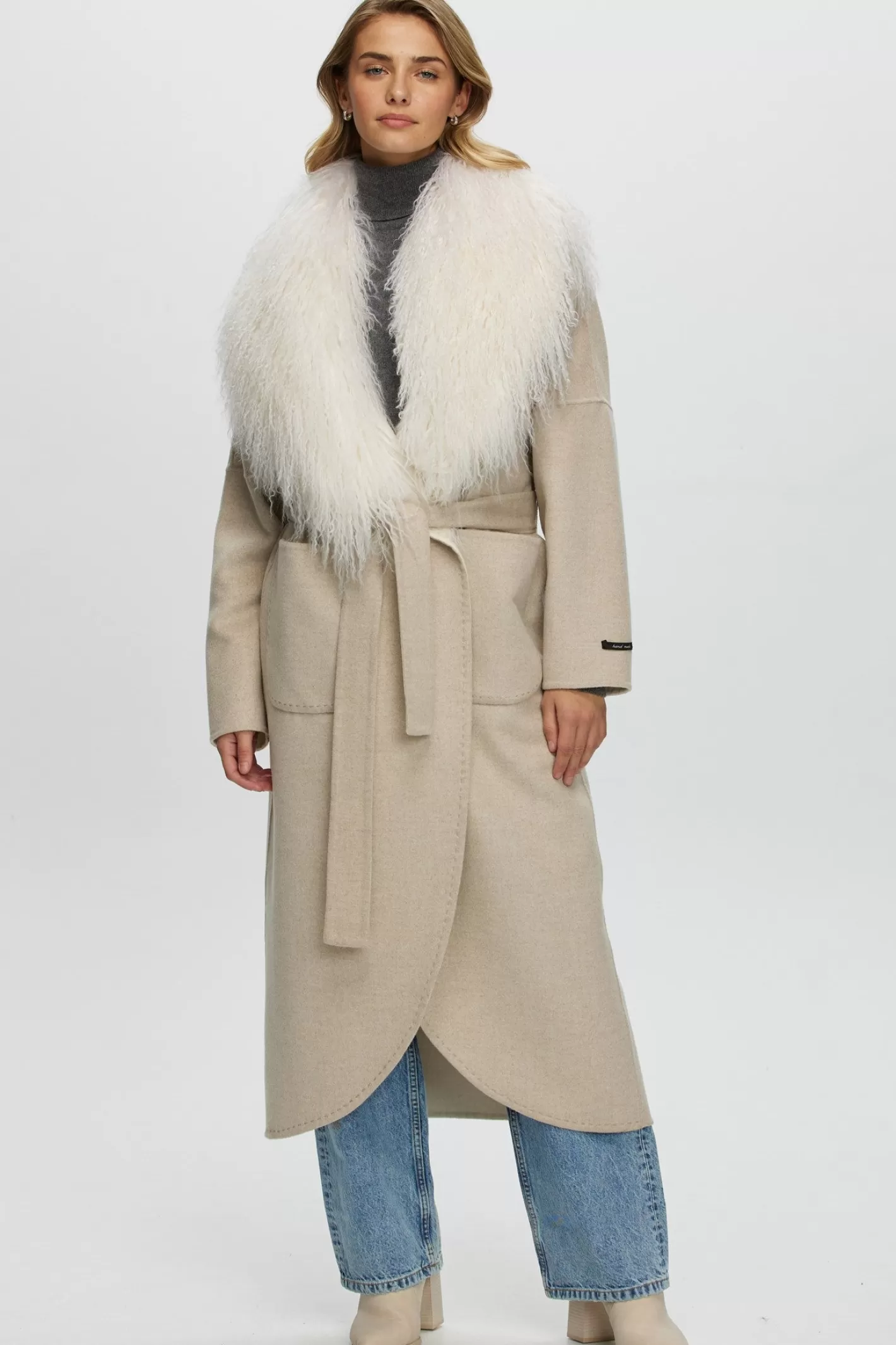 Women GORSKI Montreal Loro Piana Cashmere & Wool Coat With Select Mongolian Shearling Lamb Collar, Belt