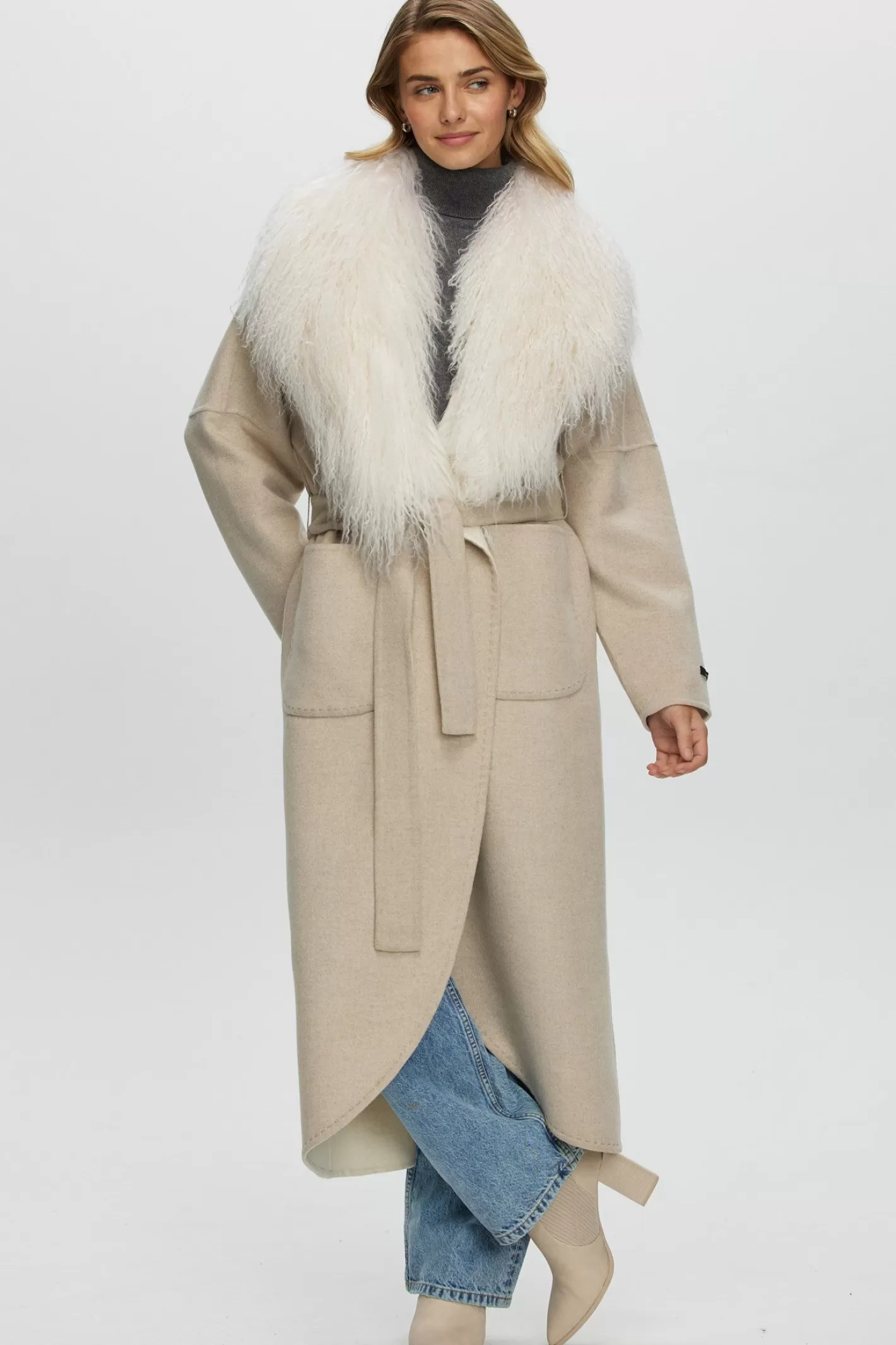 Women GORSKI Montreal Loro Piana Cashmere & Wool Coat With Select Mongolian Shearling Lamb Collar, Belt
