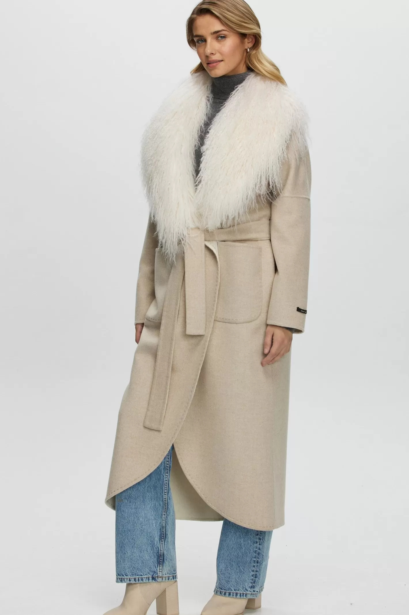 Women GORSKI Montreal Loro Piana Cashmere & Wool Coat With Select Mongolian Shearling Lamb Collar, Belt