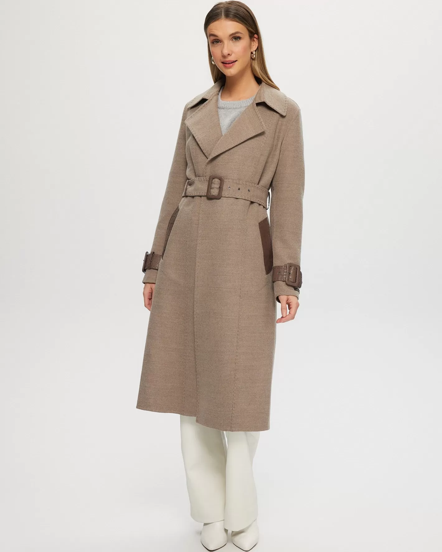 Women GORSKI Montreal Loro Piana Cashmere & Wool Trench Coat With Leather Trim