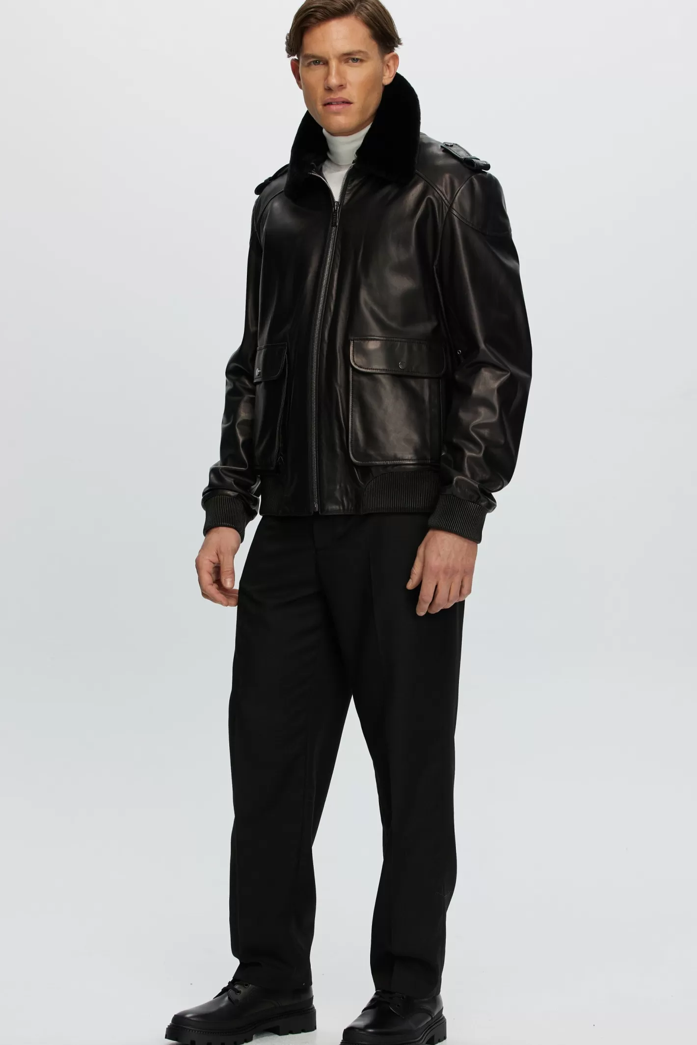 GORSKI Montreal Men's Leather Jacket With Detachable Shearling Lamb Collar