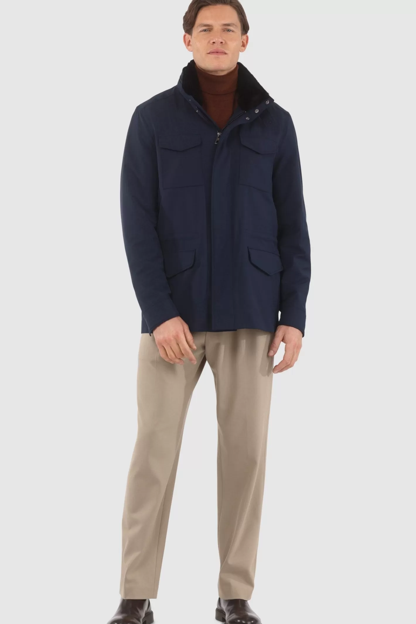 GORSKI Montreal Men's Loro Piana Storm System Lined Jacket W/ Det. Shearling Lamb Collar, Concealed Hood