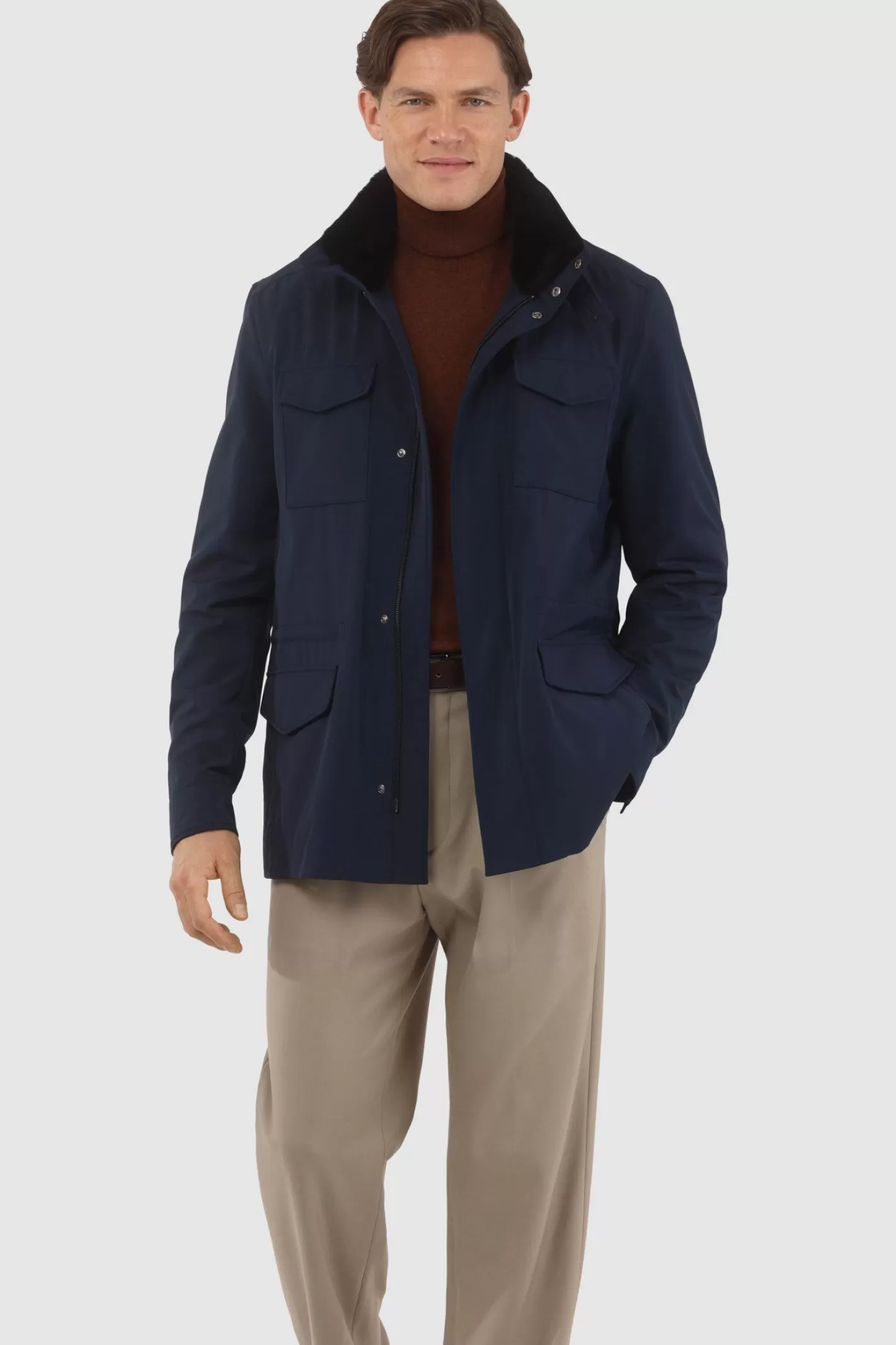 GORSKI Montreal Men's Loro Piana Storm System Lined Jacket W/ Det. Shearling Lamb Collar, Concealed Hood