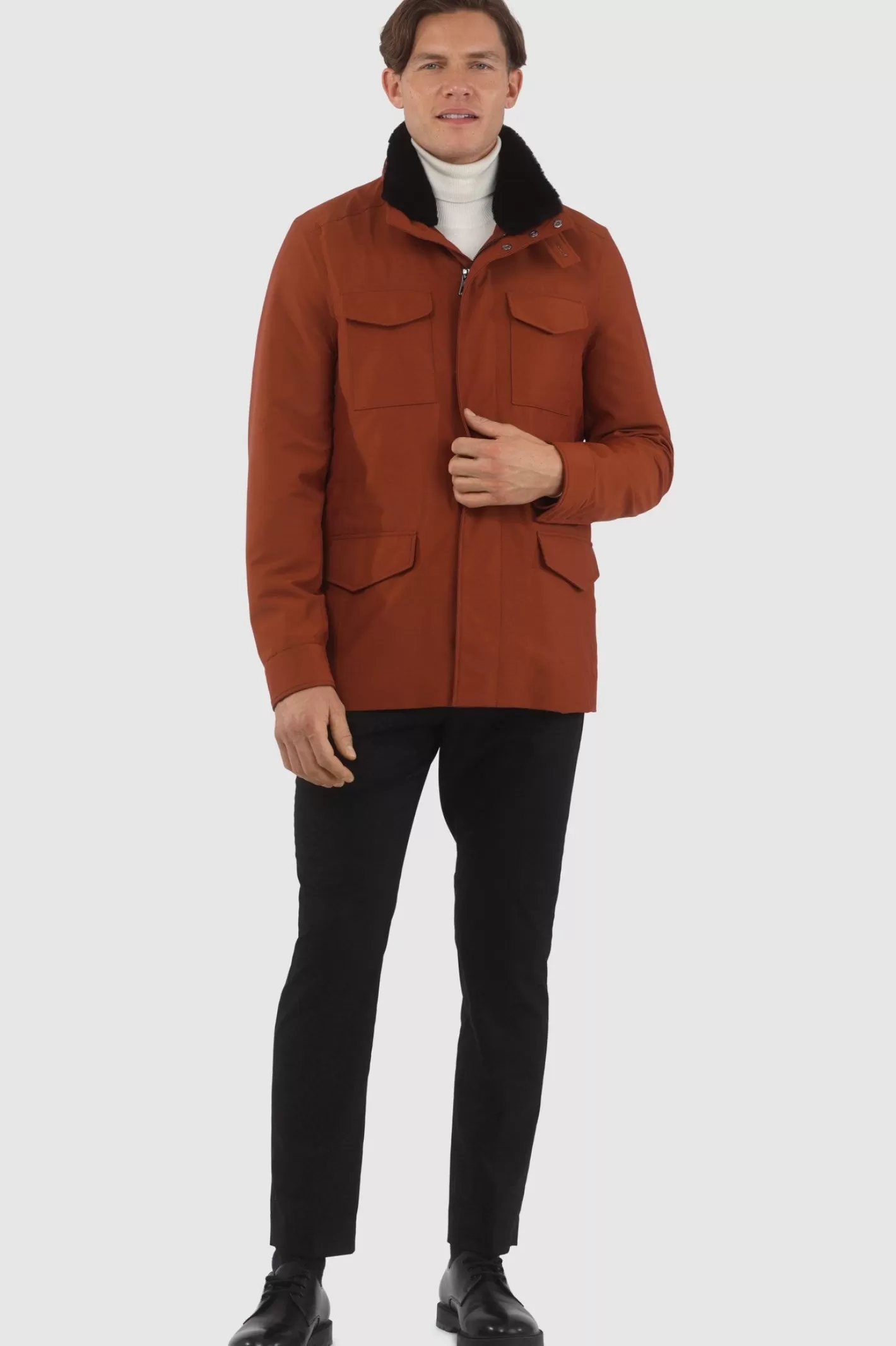 GORSKI Montreal Men's Loro Piana Storm System Lined Jacket W/ Det. Shearling Lamb Collar, Concealed Hood