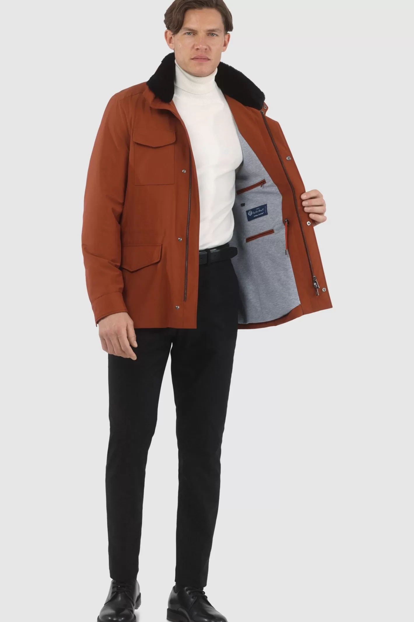 GORSKI Montreal Men's Loro Piana Storm System Lined Jacket W/ Det. Shearling Lamb Collar, Concealed Hood