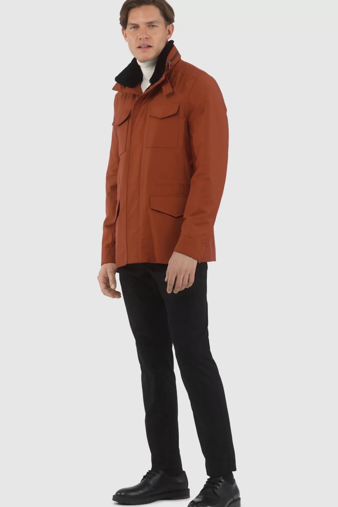 GORSKI Montreal Men's Loro Piana Storm System Lined Jacket W/ Det. Shearling Lamb Collar, Concealed Hood