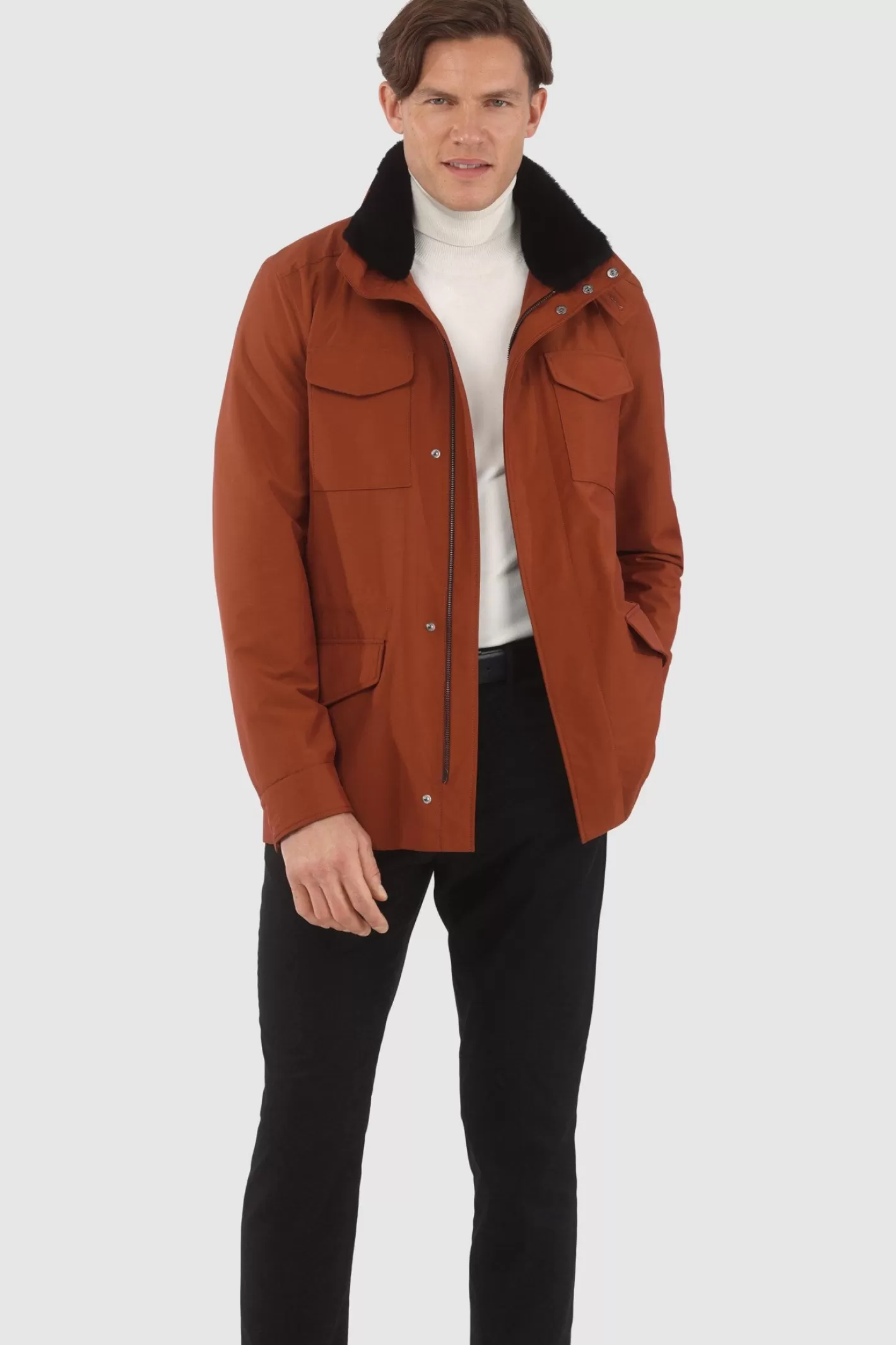 GORSKI Montreal Men's Loro Piana Storm System Lined Jacket W/ Det. Shearling Lamb Collar, Concealed Hood