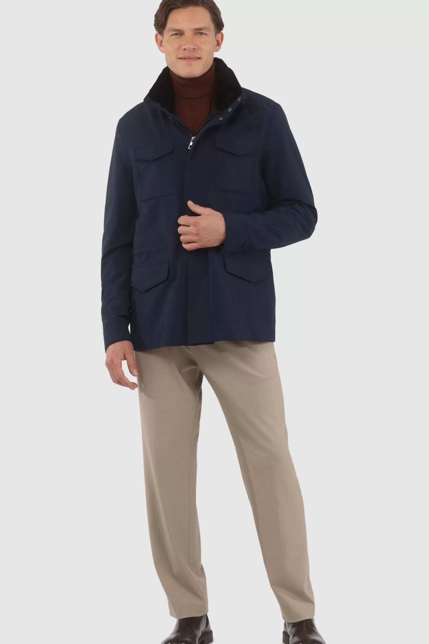 GORSKI Montreal Men's Loro Piana Storm System Lined Jacket W/ Det. Shearling Lamb Collar, Concealed Hood