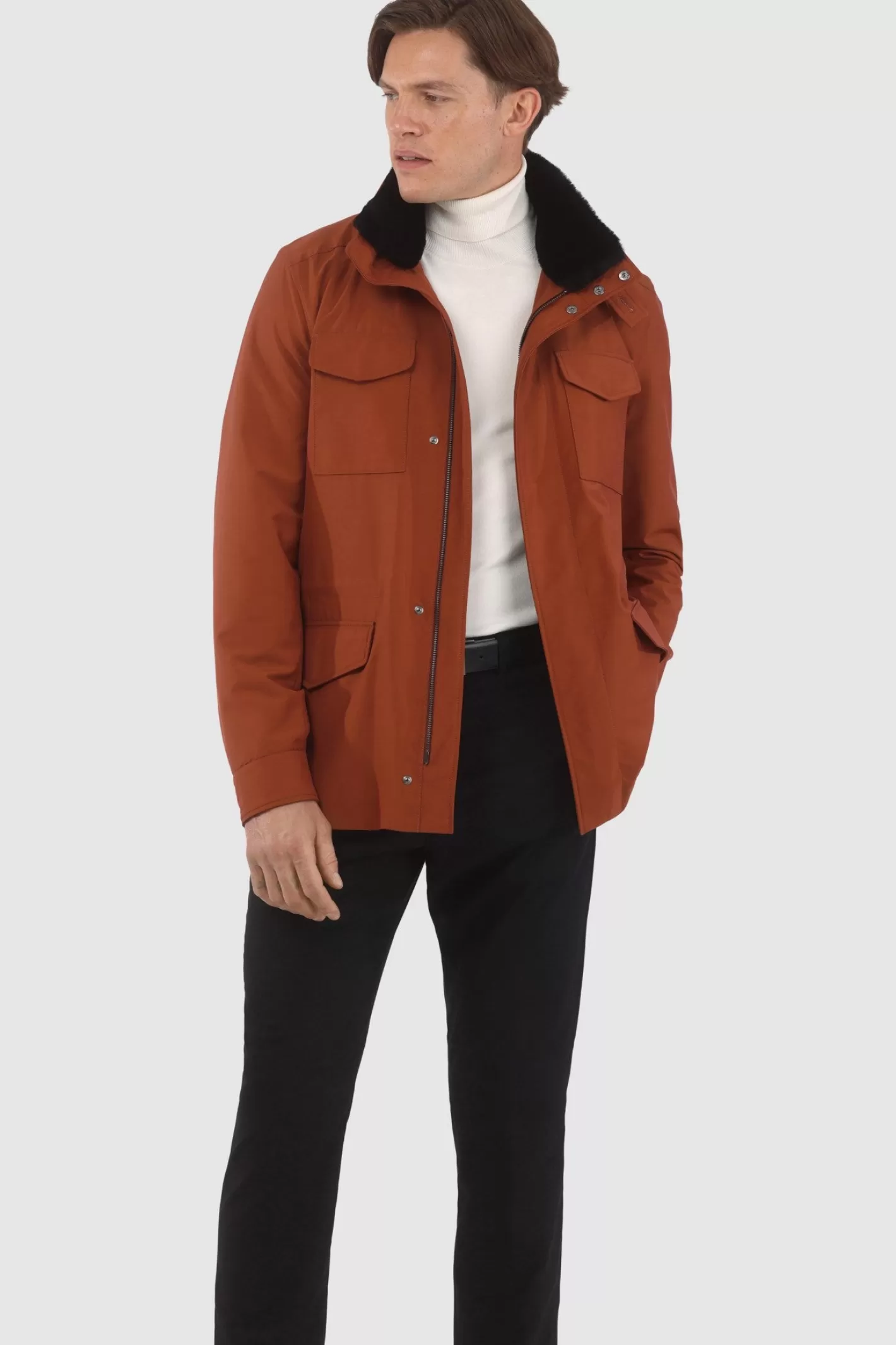 GORSKI Montreal Men's Loro Piana Storm System Lined Jacket W/ Det. Shearling Lamb Collar, Concealed Hood