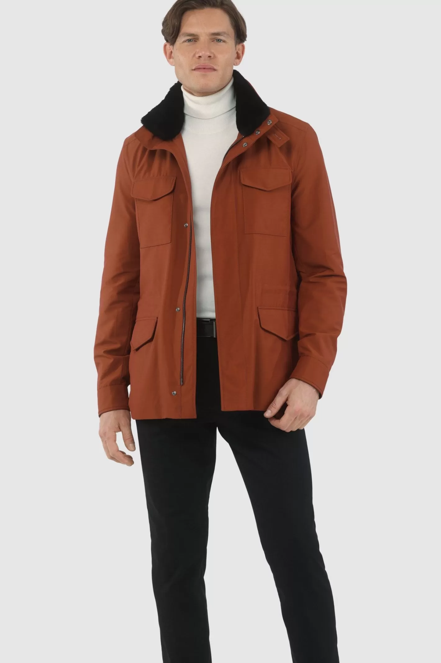 GORSKI Montreal Men's Loro Piana Storm System Lined Jacket W/ Det. Shearling Lamb Collar, Concealed Hood