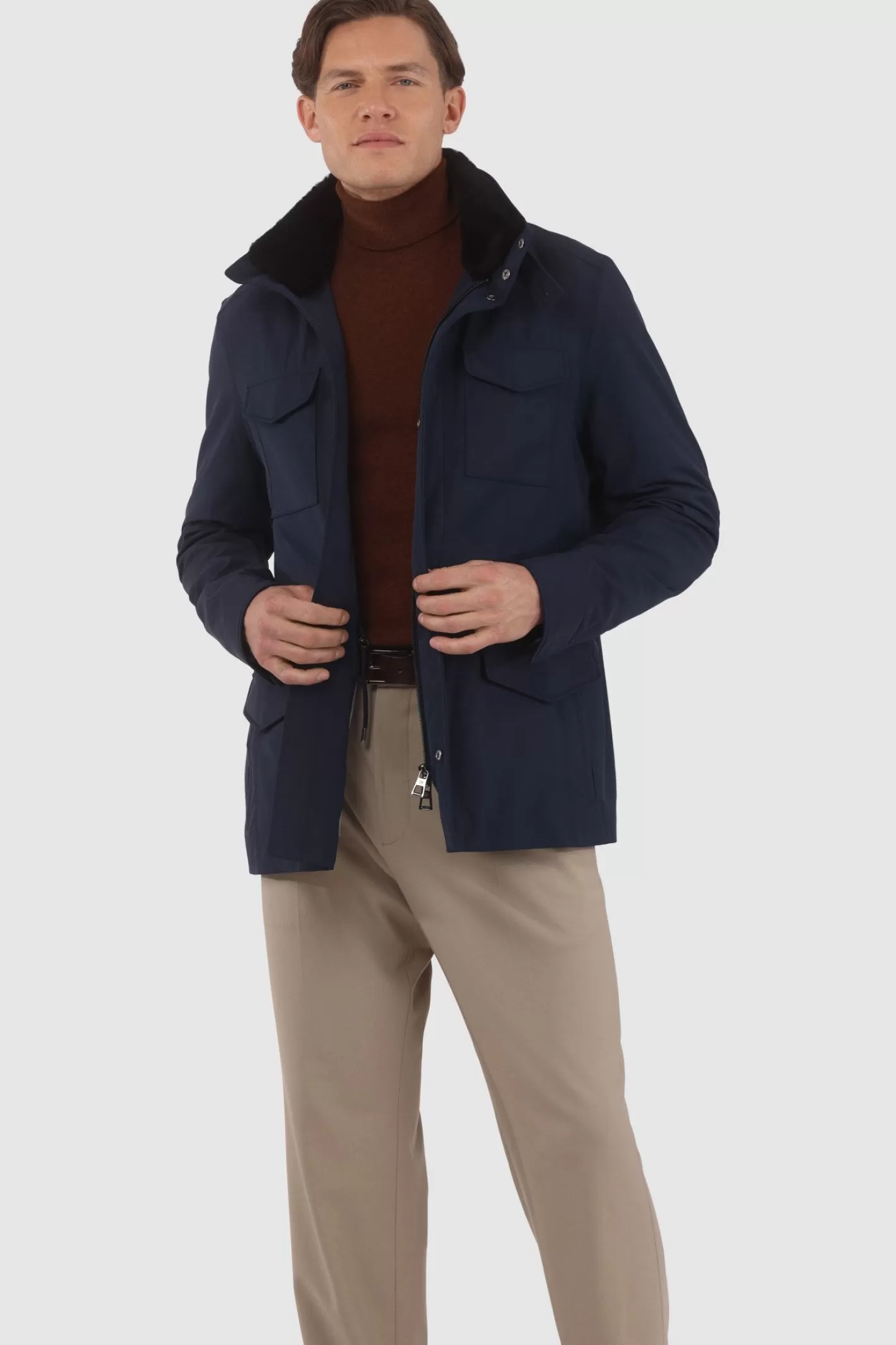 GORSKI Montreal Men's Loro Piana Storm System Lined Jacket W/ Det. Shearling Lamb Collar, Concealed Hood