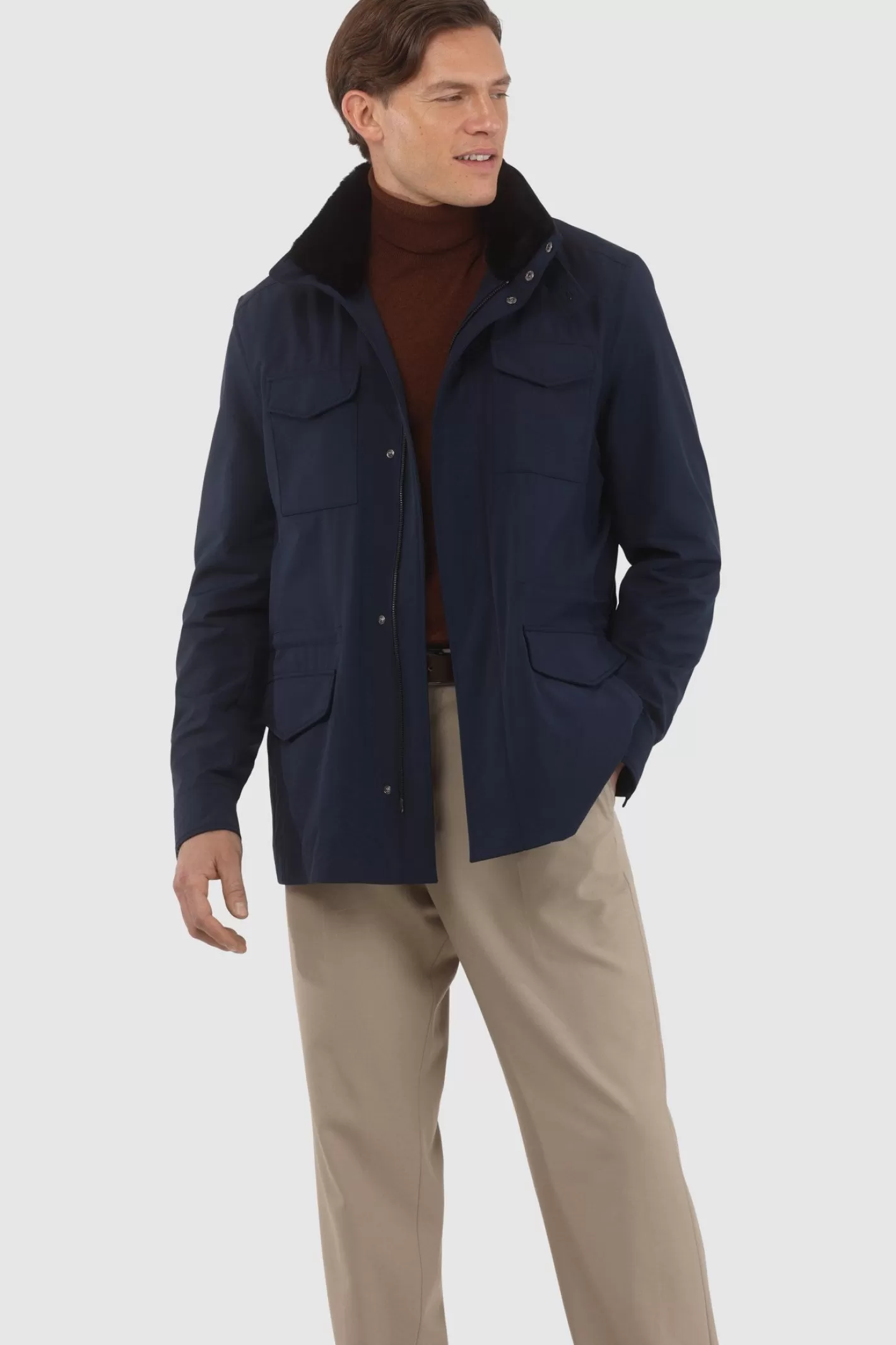 GORSKI Montreal Men's Loro Piana Storm System Lined Jacket W/ Det. Shearling Lamb Collar, Concealed Hood