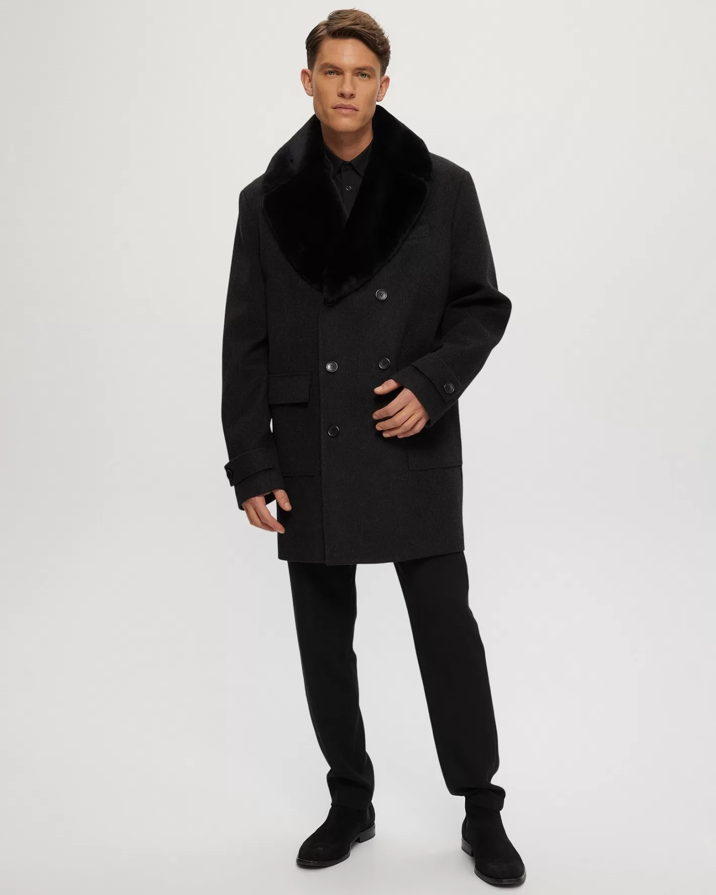 GORSKI Montreal Men's Loro Piana Wool Coat With Detachable Merino Shearling Lamb Collar