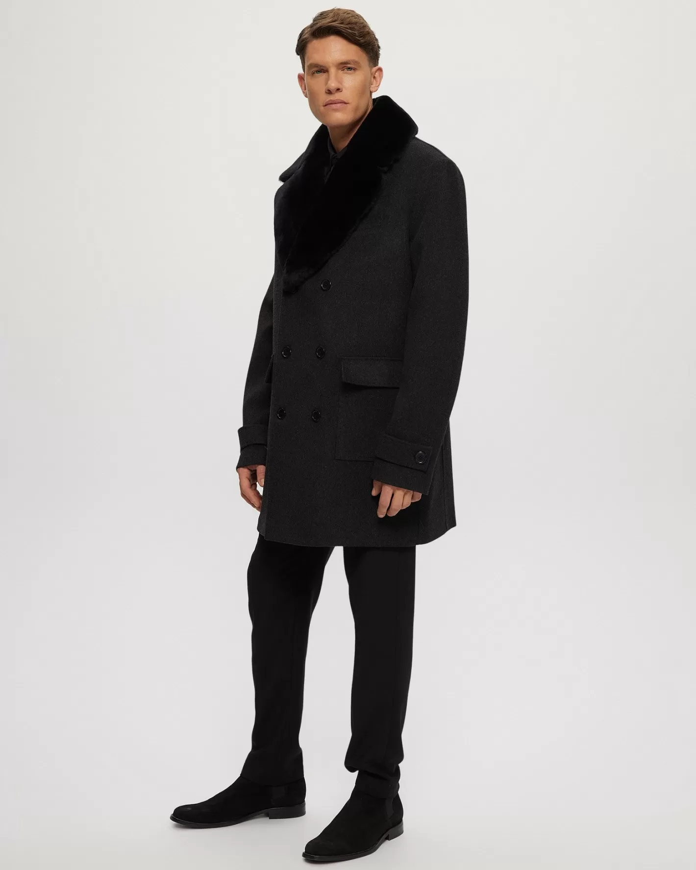 GORSKI Montreal Men's Loro Piana Wool Coat With Detachable Merino Shearling Lamb Collar