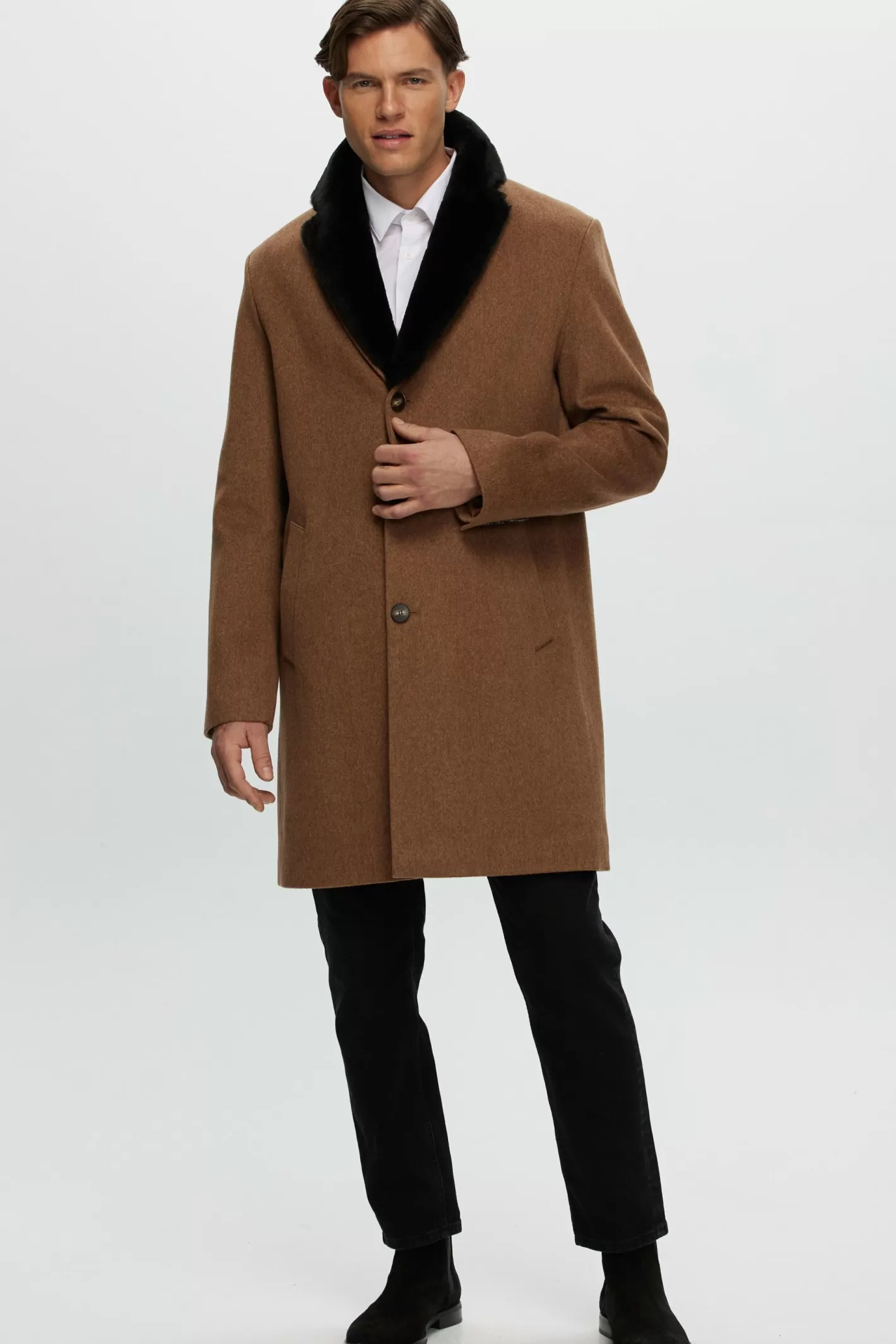 GORSKI Montreal Men's Loro Piana Wool Short Coat With Select Shearling Lamb Collar