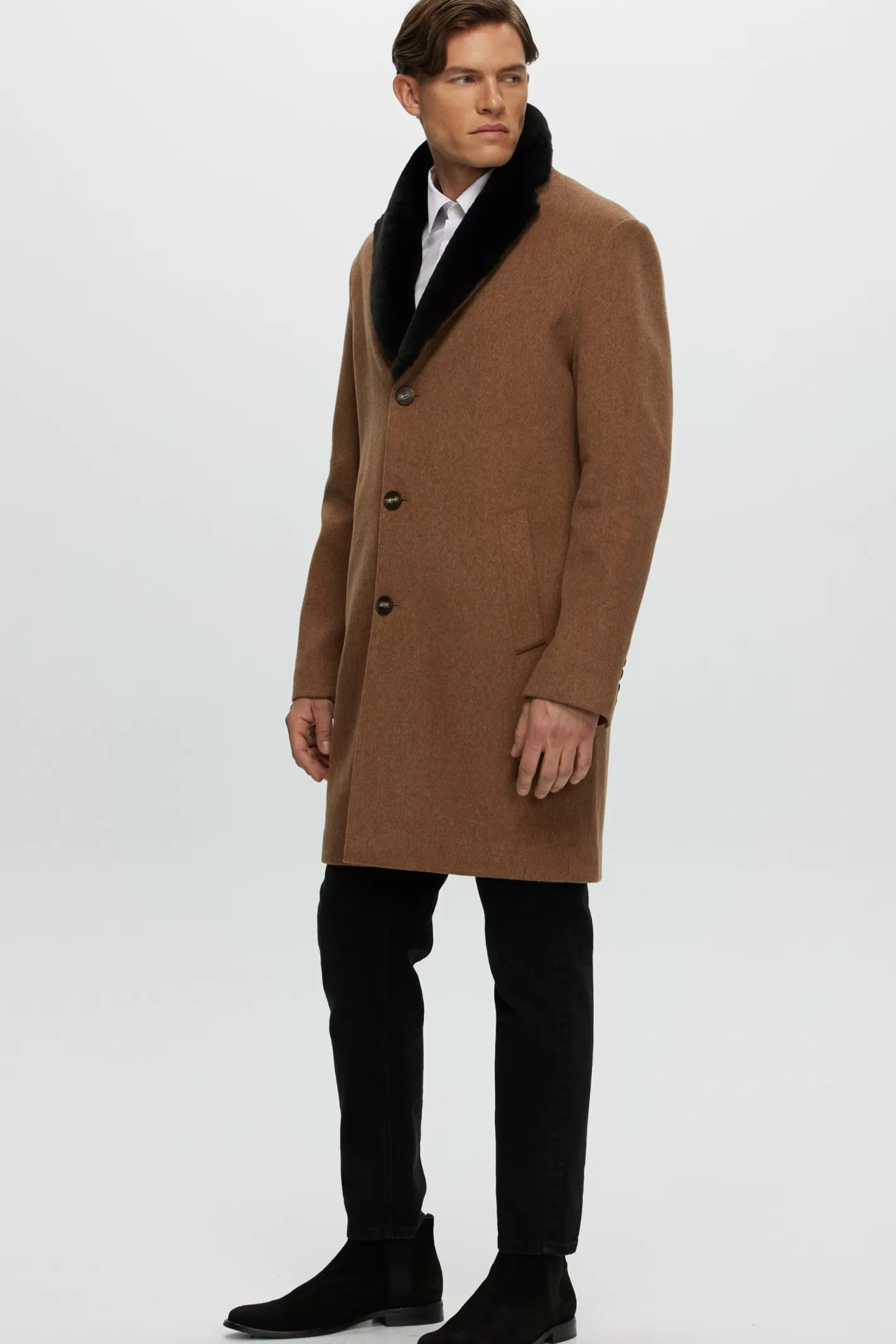 GORSKI Montreal Men's Loro Piana Wool Short Coat With Select Shearling Lamb Collar