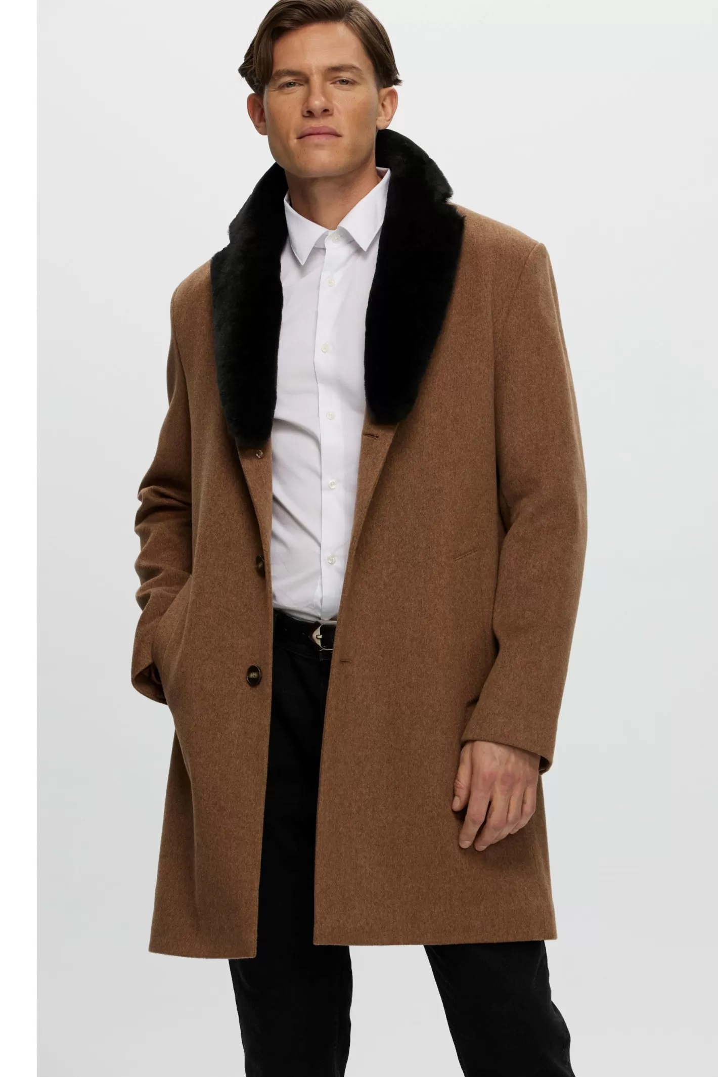 GORSKI Montreal Men's Loro Piana Wool Short Coat With Select Shearling Lamb Collar