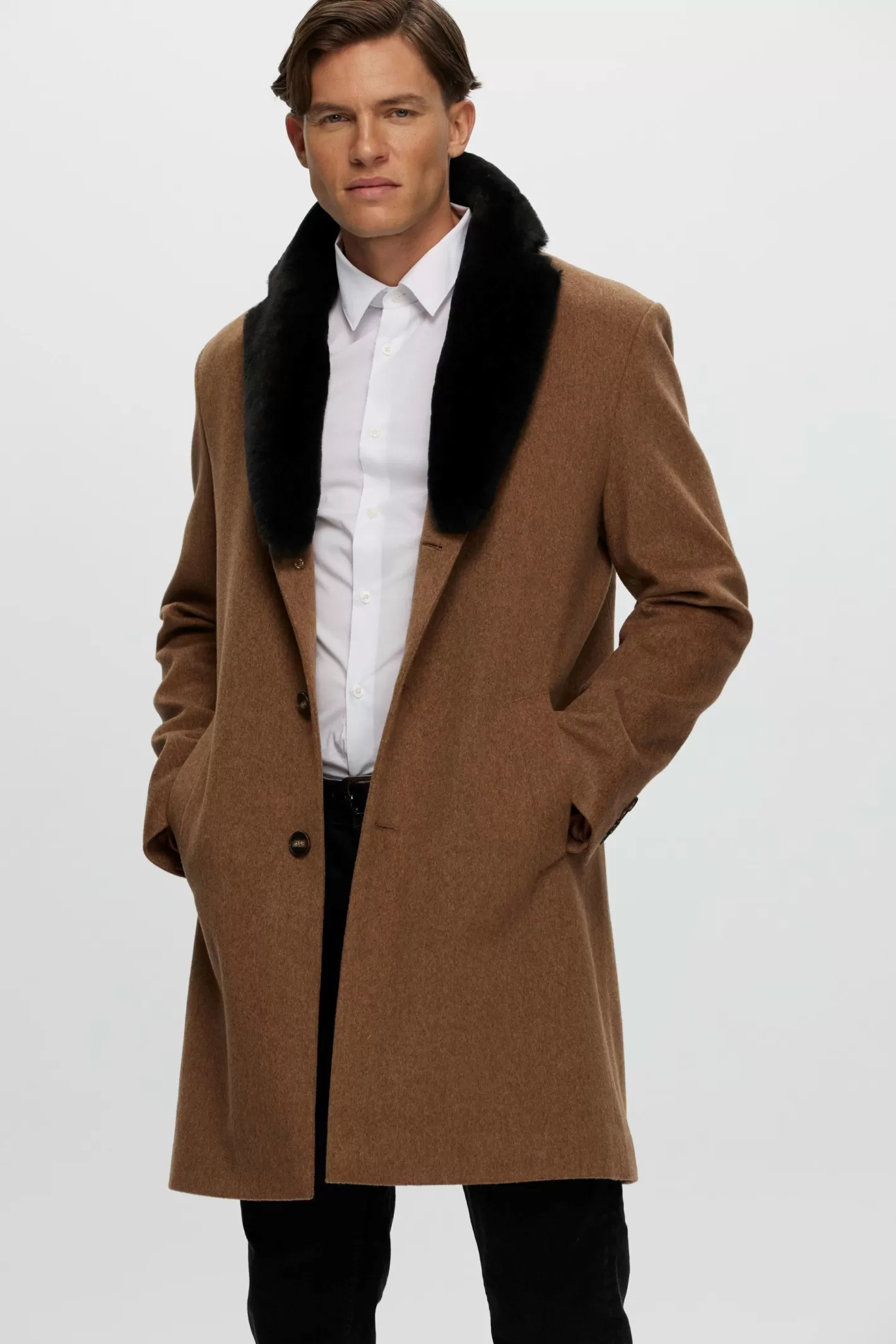 GORSKI Montreal Men's Loro Piana Wool Short Coat With Select Shearling Lamb Collar