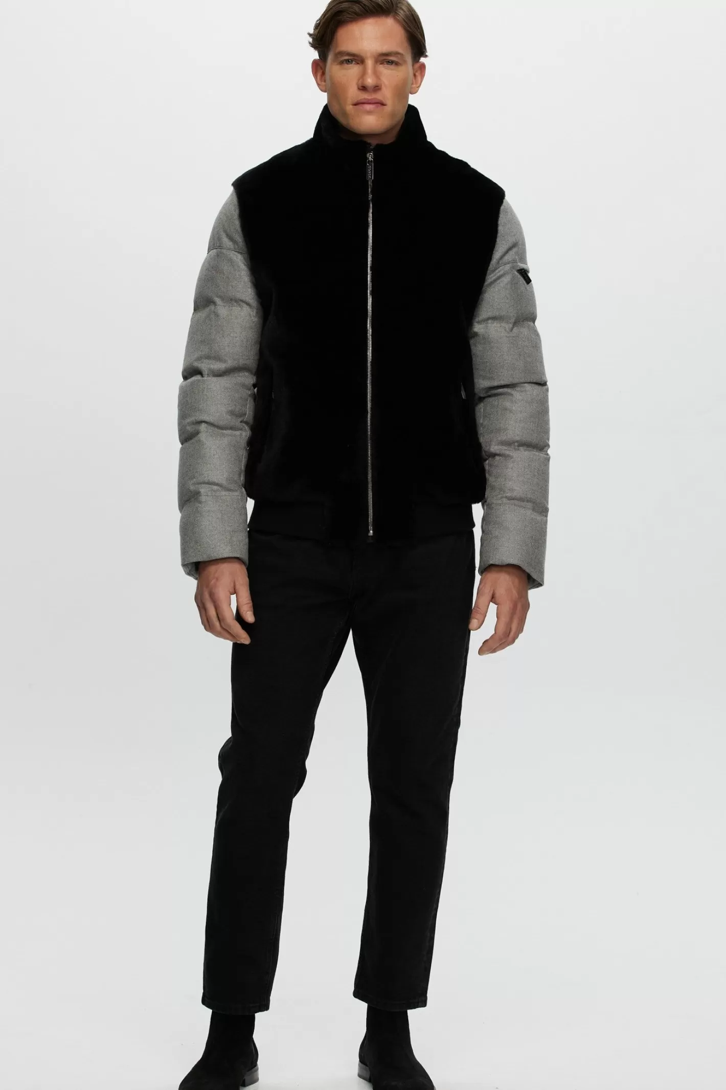 GORSKI Montreal Men's Merino Shearling Lamb Bomber Jacket With Loro Piana Cashmere & Wool Quilted Down Sleeves And Back