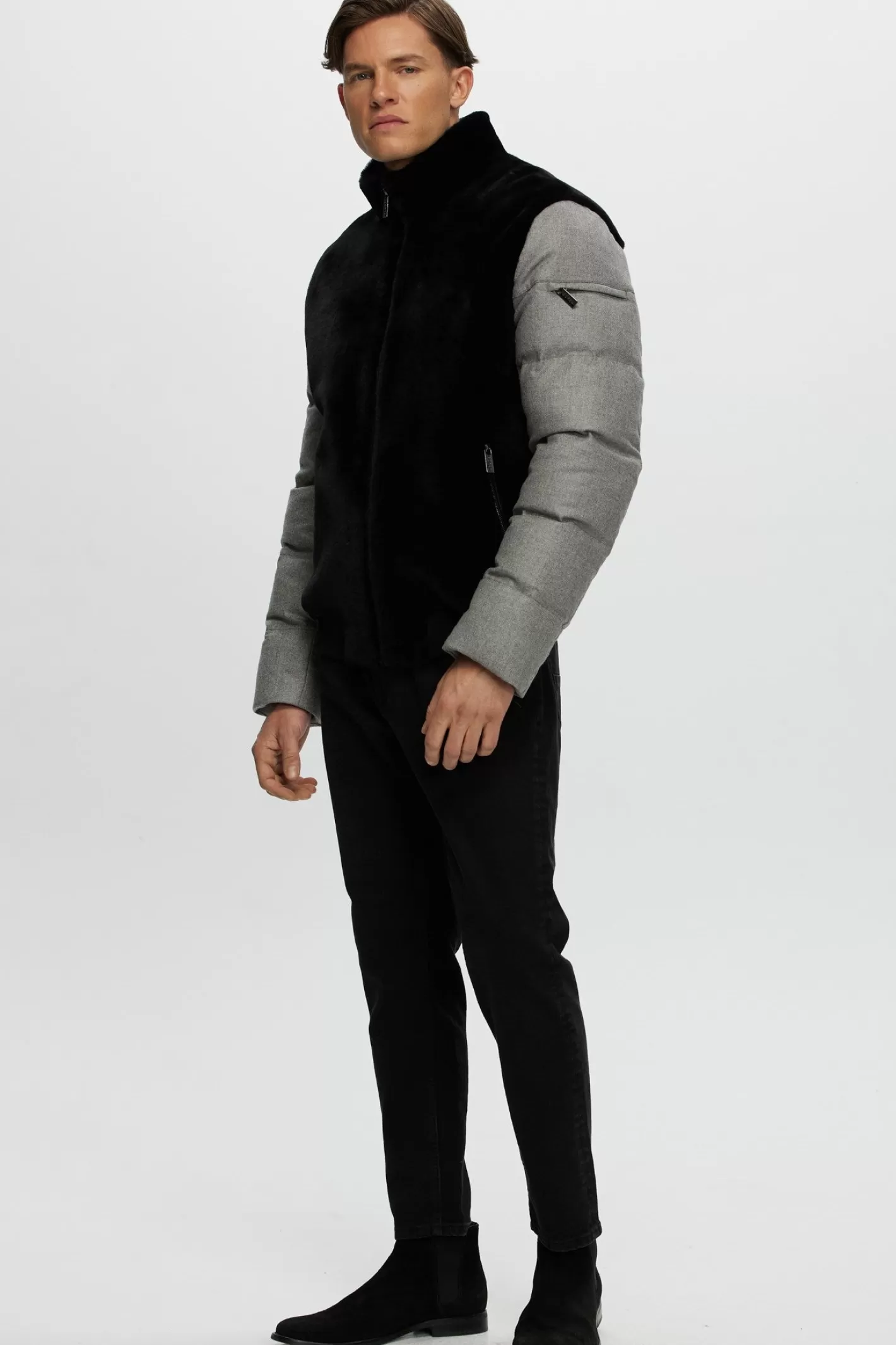 GORSKI Montreal Men's Merino Shearling Lamb Bomber Jacket With Loro Piana Cashmere & Wool Quilted Down Sleeves And Back
