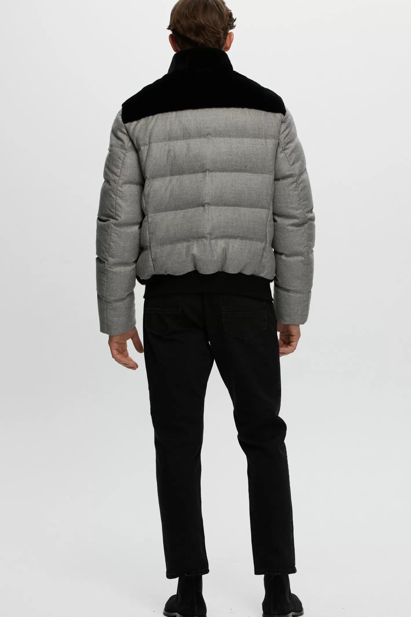 GORSKI Montreal Men's Merino Shearling Lamb Bomber Jacket With Loro Piana Cashmere & Wool Quilted Down Sleeves And Back