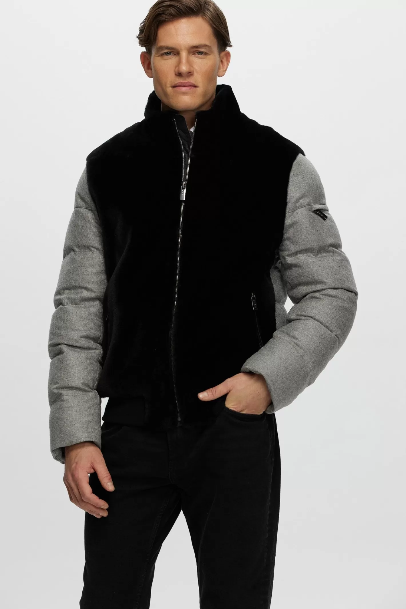 GORSKI Montreal Men's Merino Shearling Lamb Bomber Jacket With Loro Piana Cashmere & Wool Quilted Down Sleeves And Back
